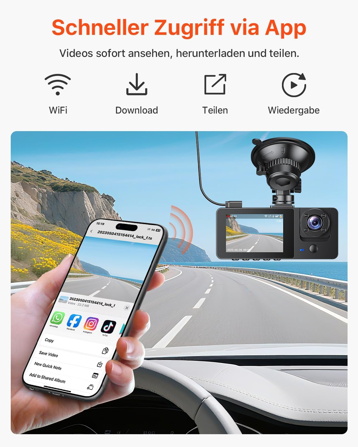 Hand hält Smartphone mit Dashcam-App. Dashcam auf Windschutzscheibe. Straße am Meer.