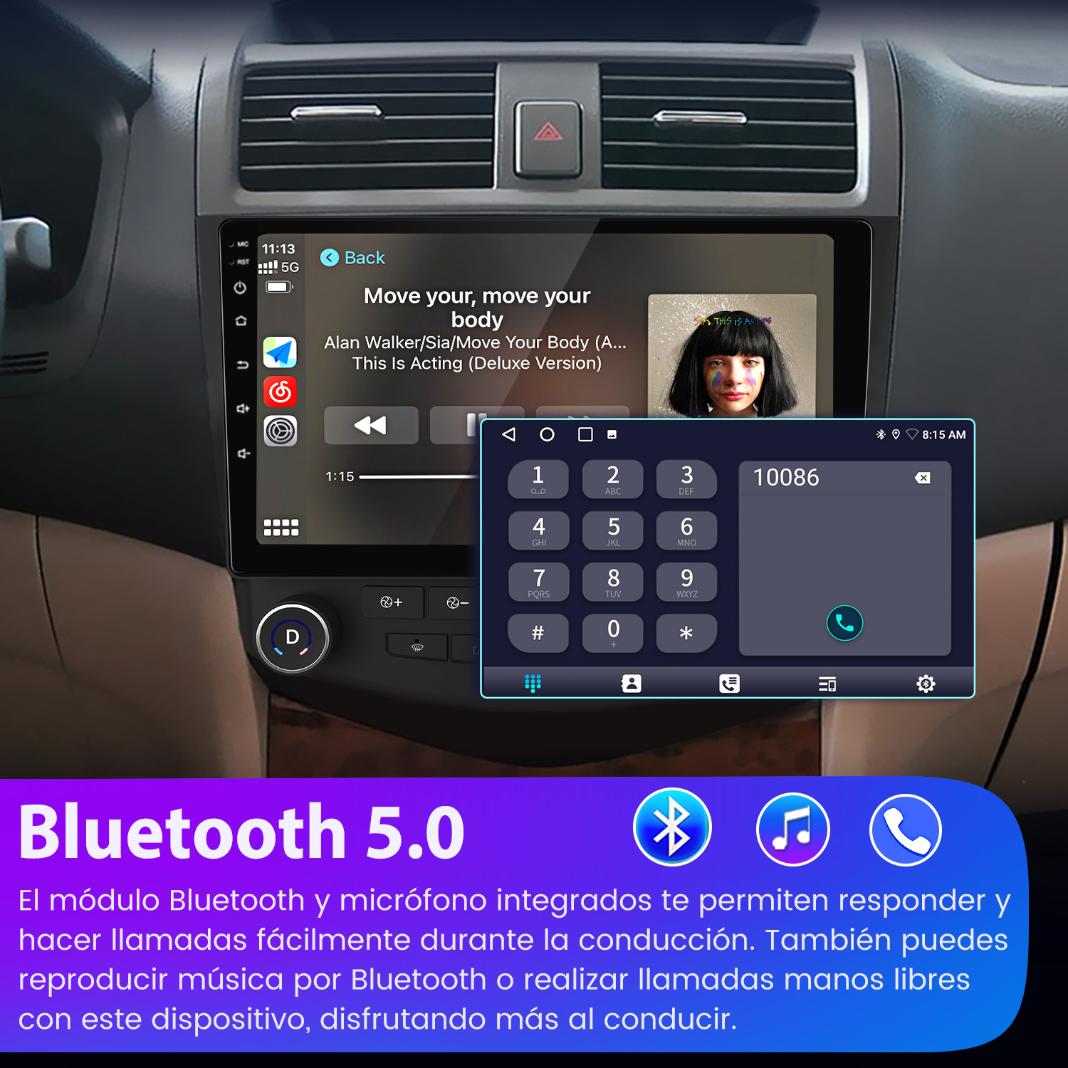Pantalla de infoentretenimiento del coche muestra reproducción de música.