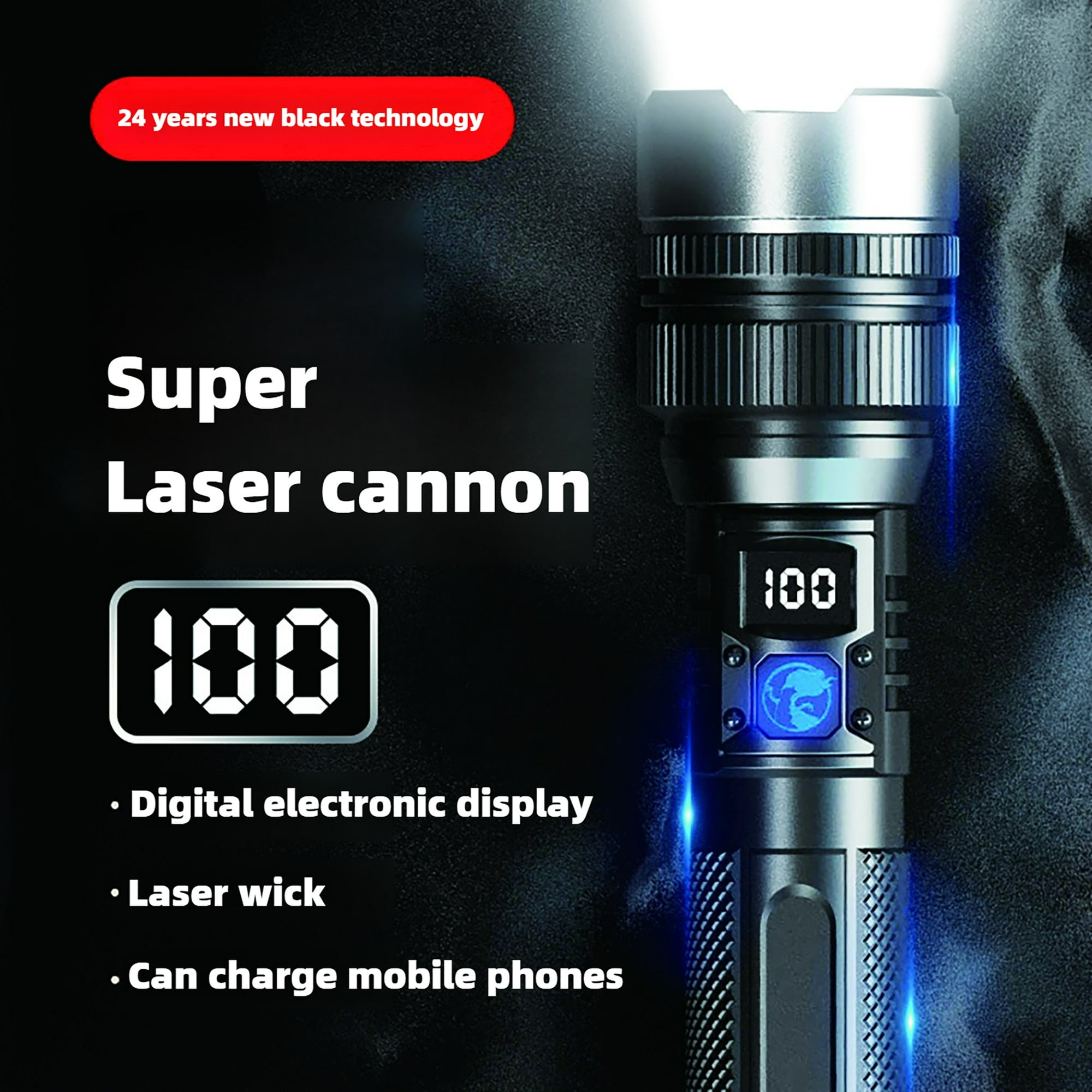 Eine taktische Taschenlampe mit "Super Laser Cannon" Aufschrift, digitaler Anzeige.