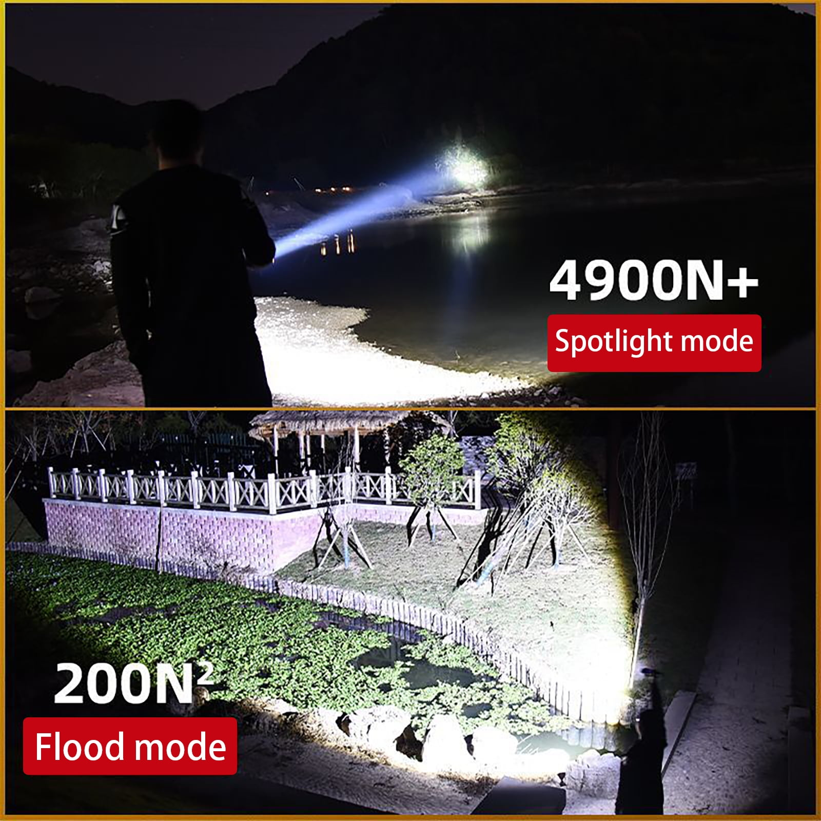 Person leuchtet mit Taschenlampe auf Wasser und Landschaft, Spotlight- und Flutlichtmodus.