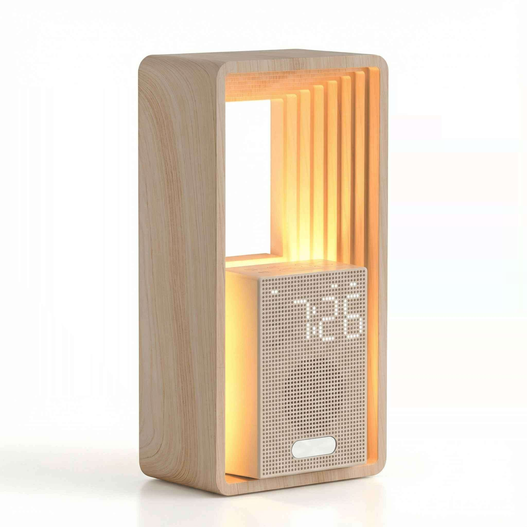 Ein Nachttischgerät aus Holz mit Lautsprecher und digitaler Anzeige von 72 Grad.