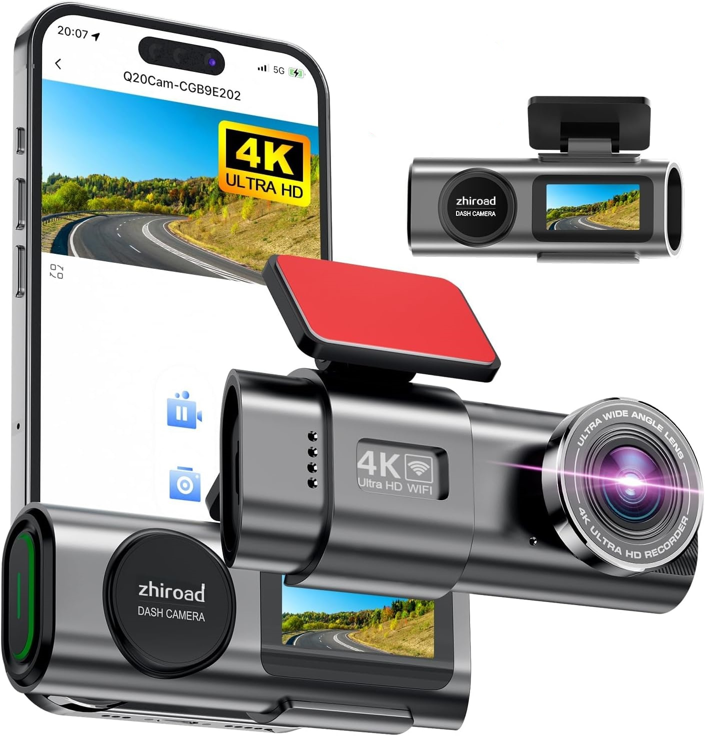 Zwei 4K-Dashcams und ein Smartphone mit einer Fahrstraßenansicht.