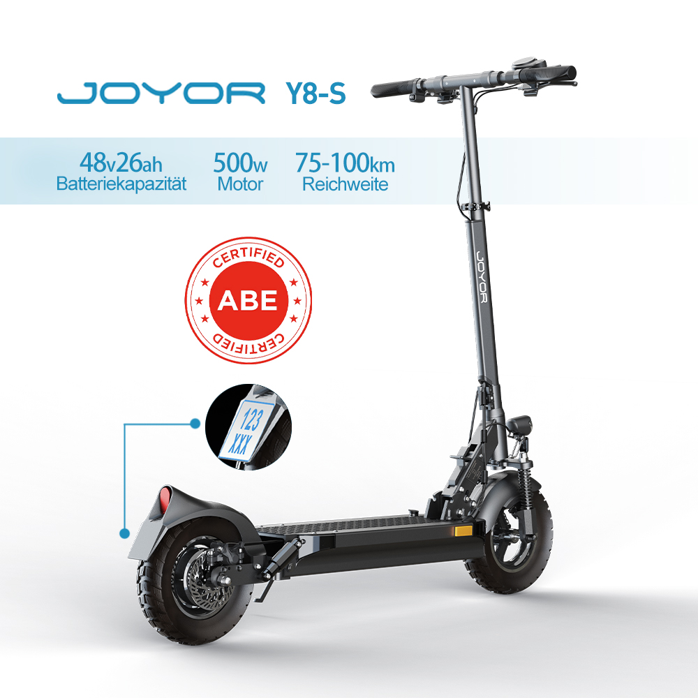 Joyor Y8-S Elektroroller: 48V26Ah Akku, 500W Motor, 75-100km Reichweite. ABE zertifiziert.