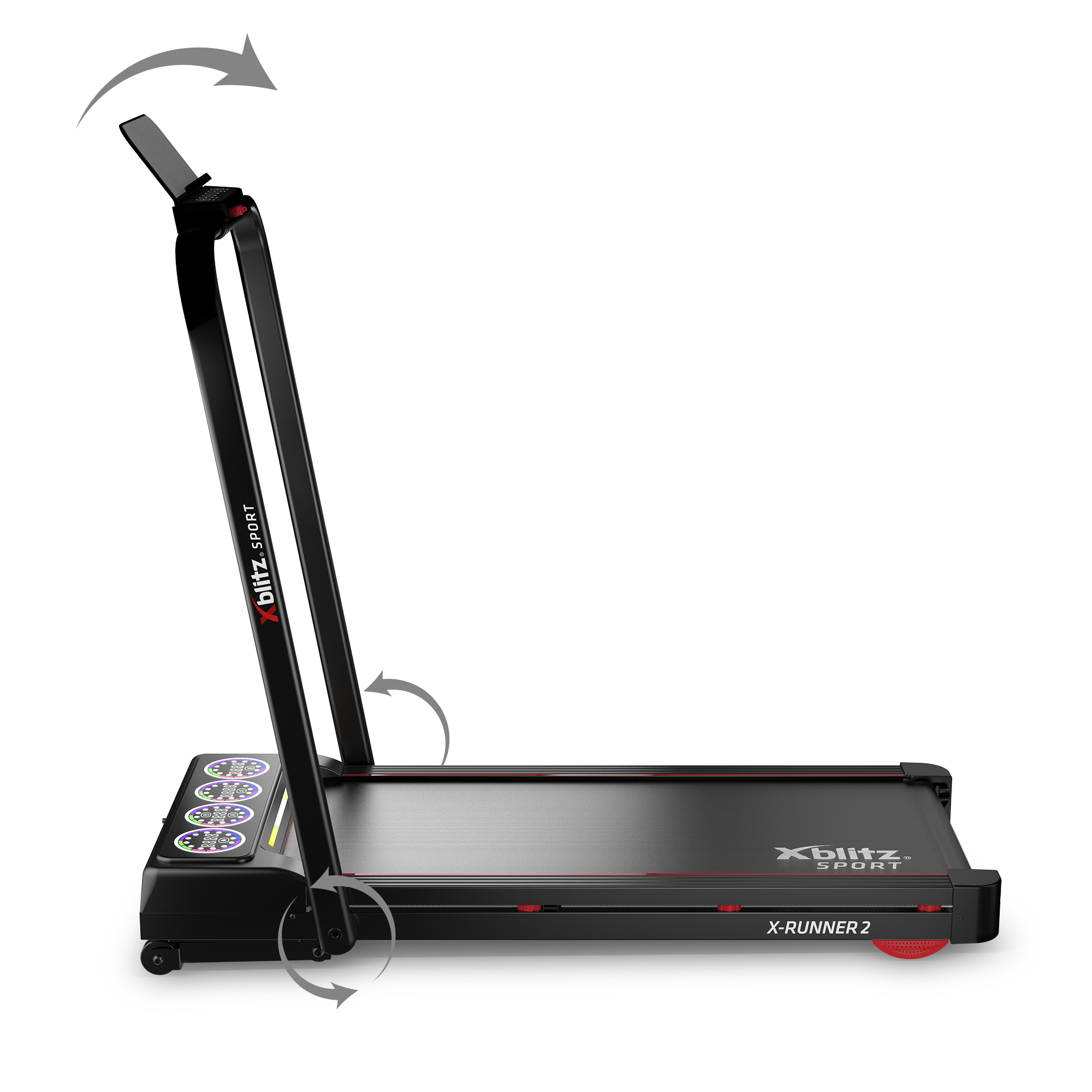 Czarna bieżnia z wyświetlaczem, czerwonymi akcentami i strzałkami wskazującymi ruch.