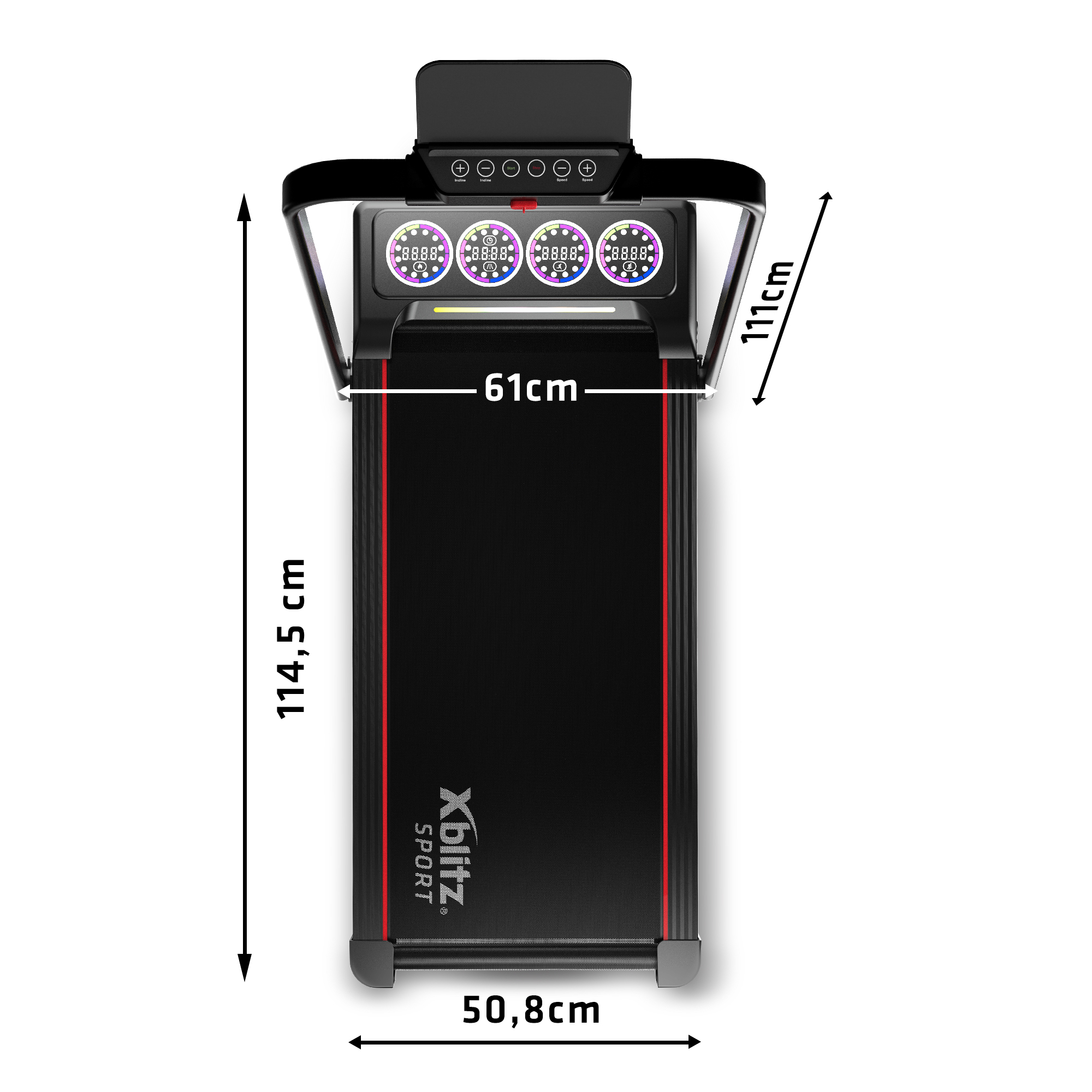 Czarna bieżnia z czerwonymi paskami bocznymi i cyfrowymi wyświetlaczami.