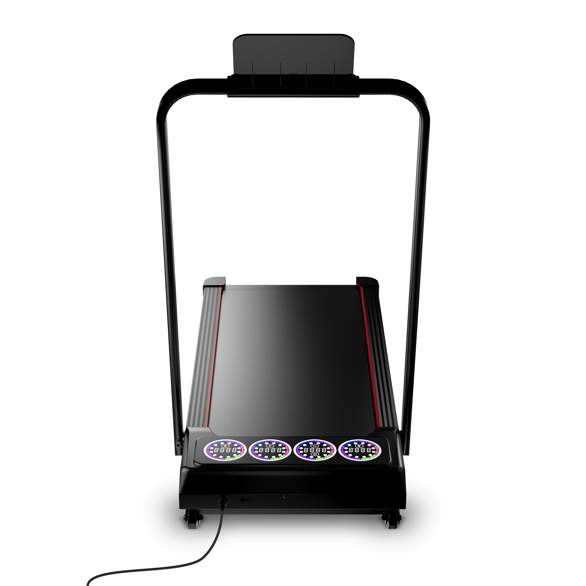 Czarna bieżnia z wyświetlaczami LED i uchwytem.