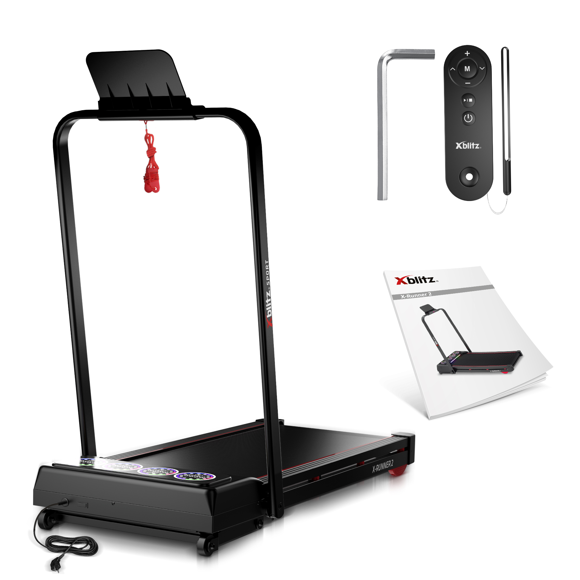 Czarna bieżnia, pilot, narzędzie i instrukcja są wyświetlone.