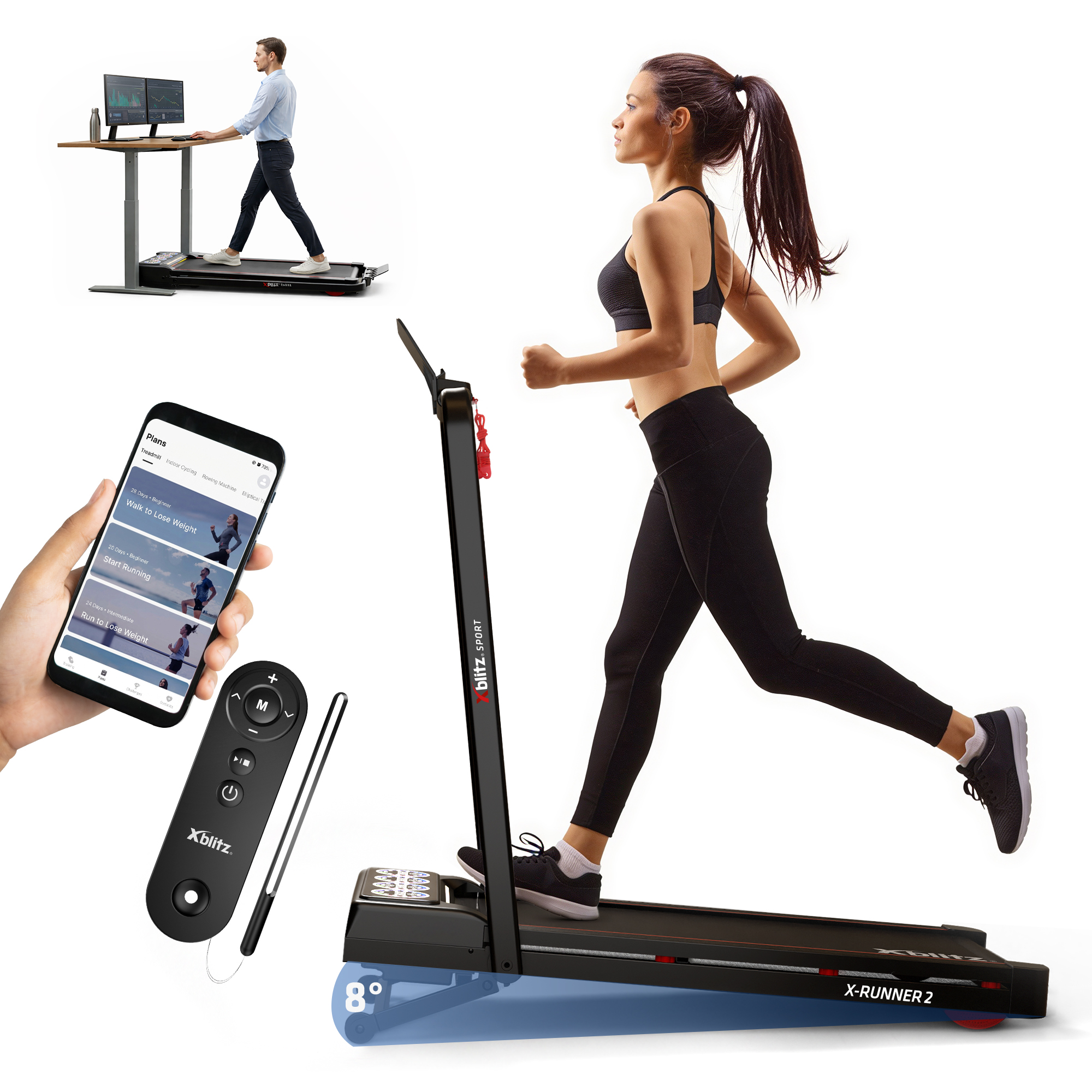 Kobieta biegnie na bieżni, mężczyzna przy biurku stojącym, telefon z planami treningów, pilot.