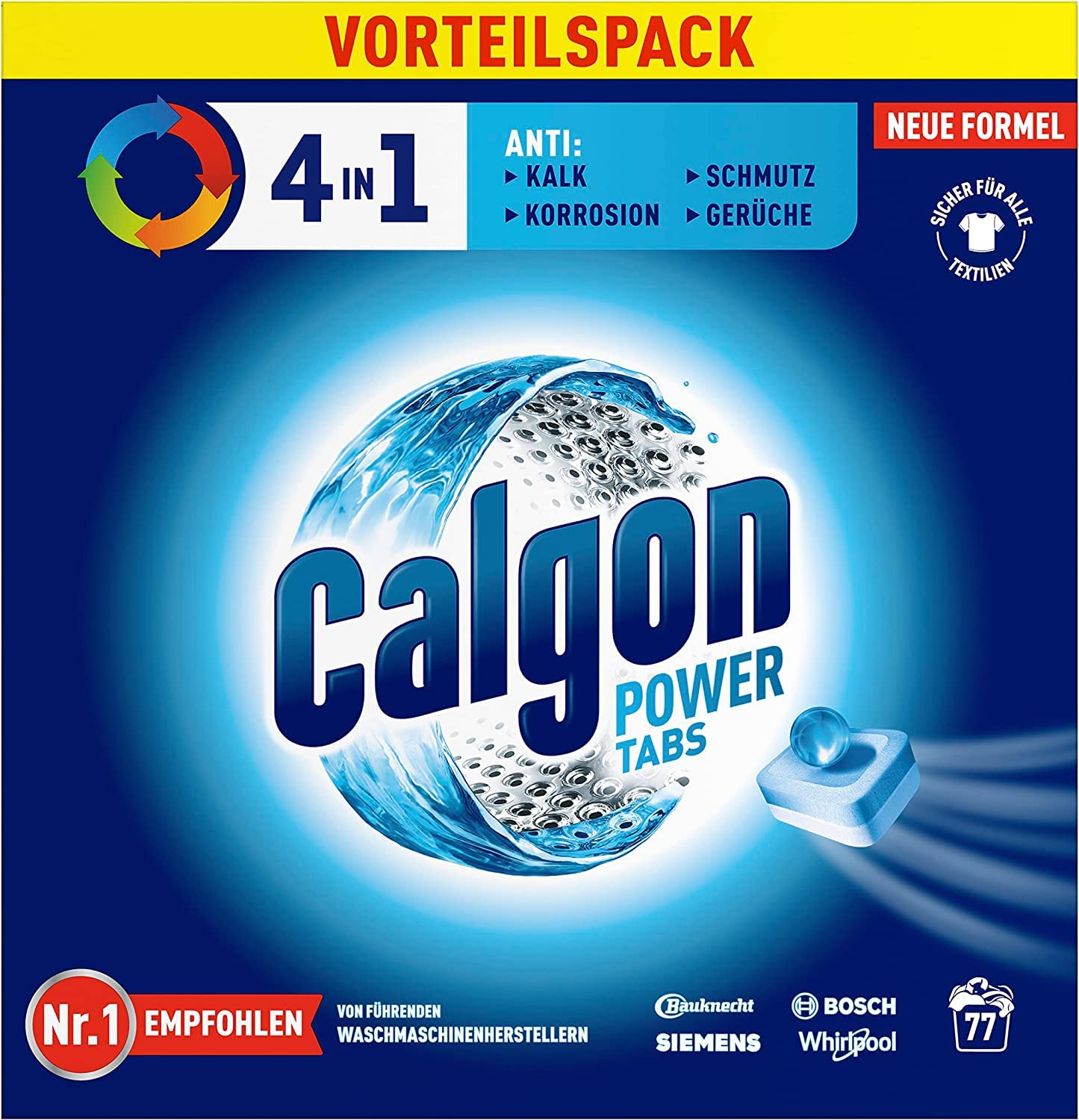 Calgon Power Tabs Packung mit 4in1 Vorteil, neu und sicher für Textilien.