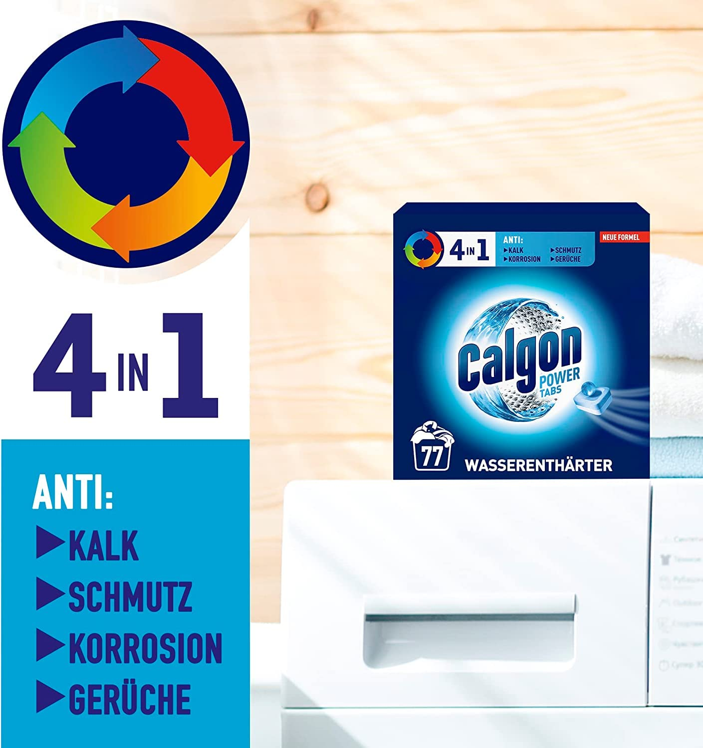 Calgon 4in1 Power Tabs Packung mit Kreislauf-Logo und Text auf blauem Grund.