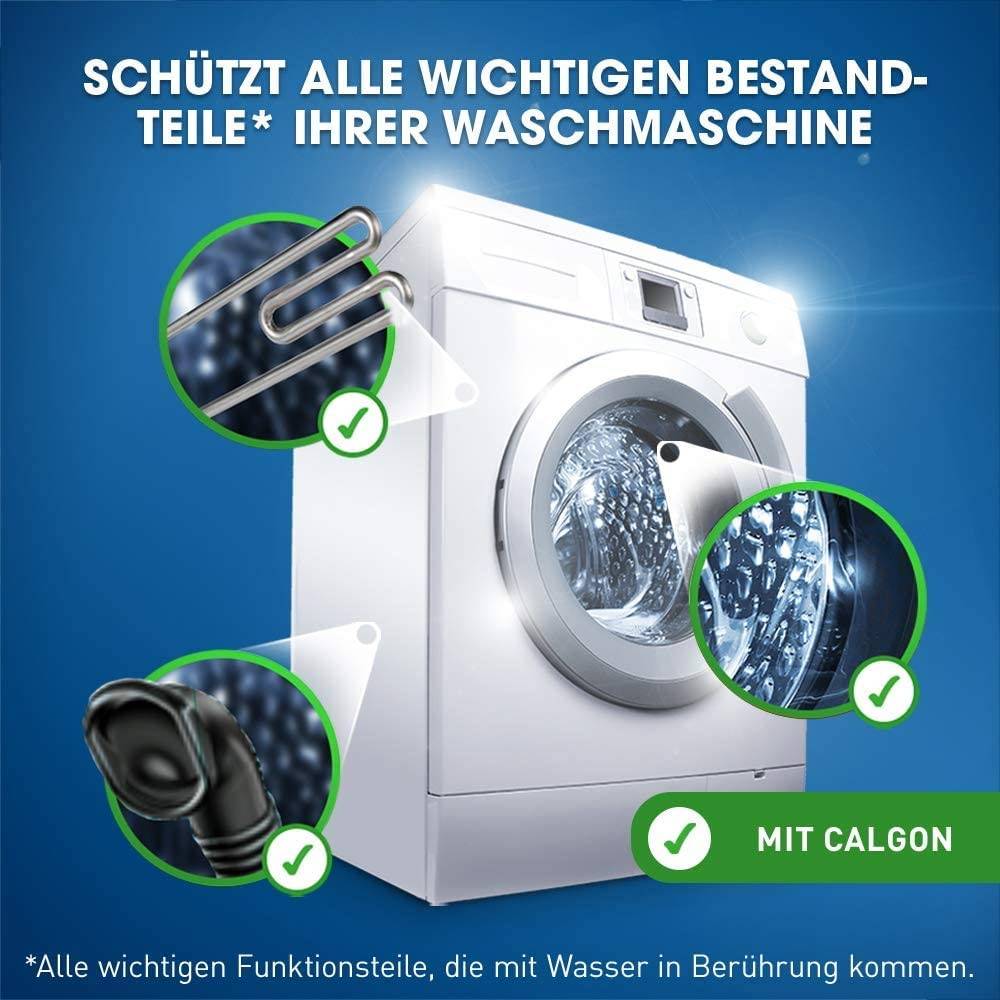 Waschmaschine mit Heizelement, Schlauch und Trommel. Mit Calgon.