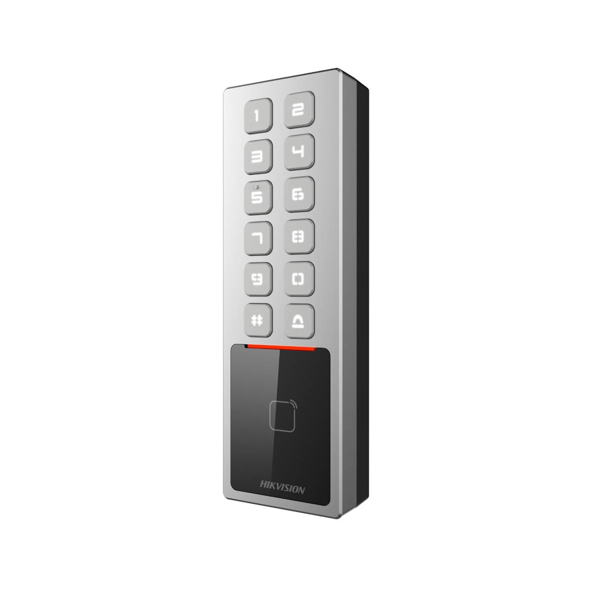 Un apriporta grigio con tastiera, logo HIKVISION e lettore RFID.