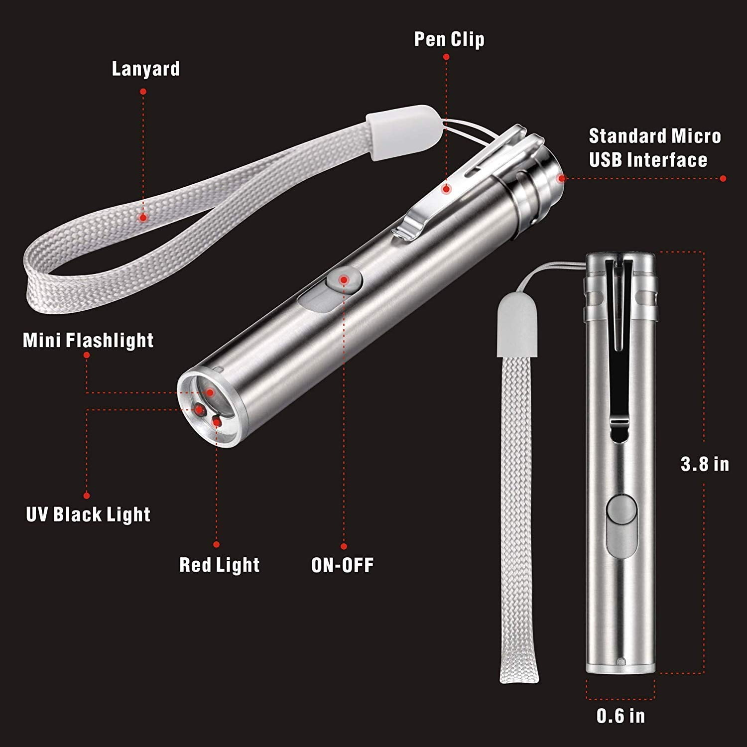 Ein silberner Stift mit Lanyard, Mini-Taschenlampe, UV-Licht, Rotlicht, USB-Anschluss.
