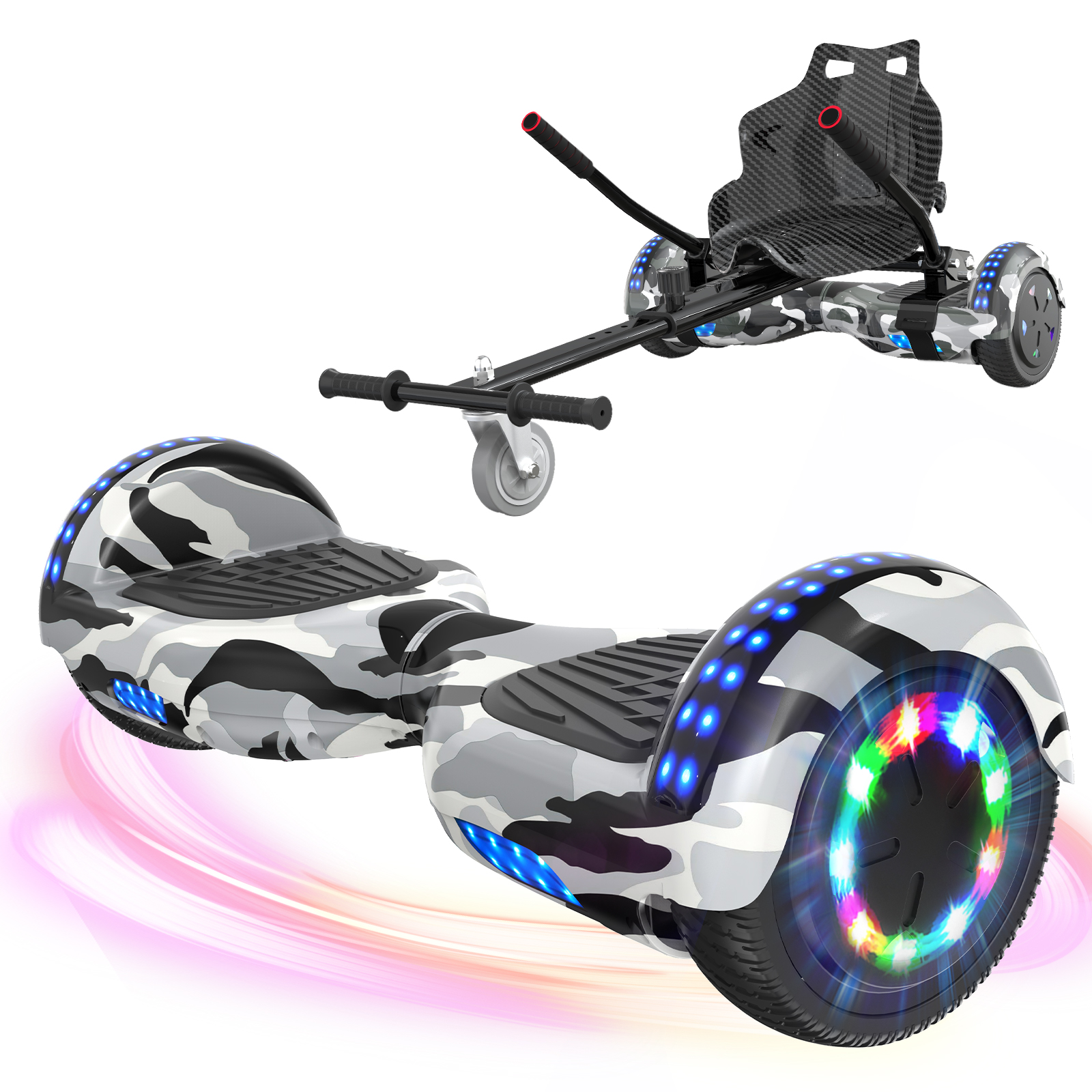 Deskorolka typu hoverboard we wzór maskujący z doczepionym siedzeniem gokarta. Koła oświetlone LED.