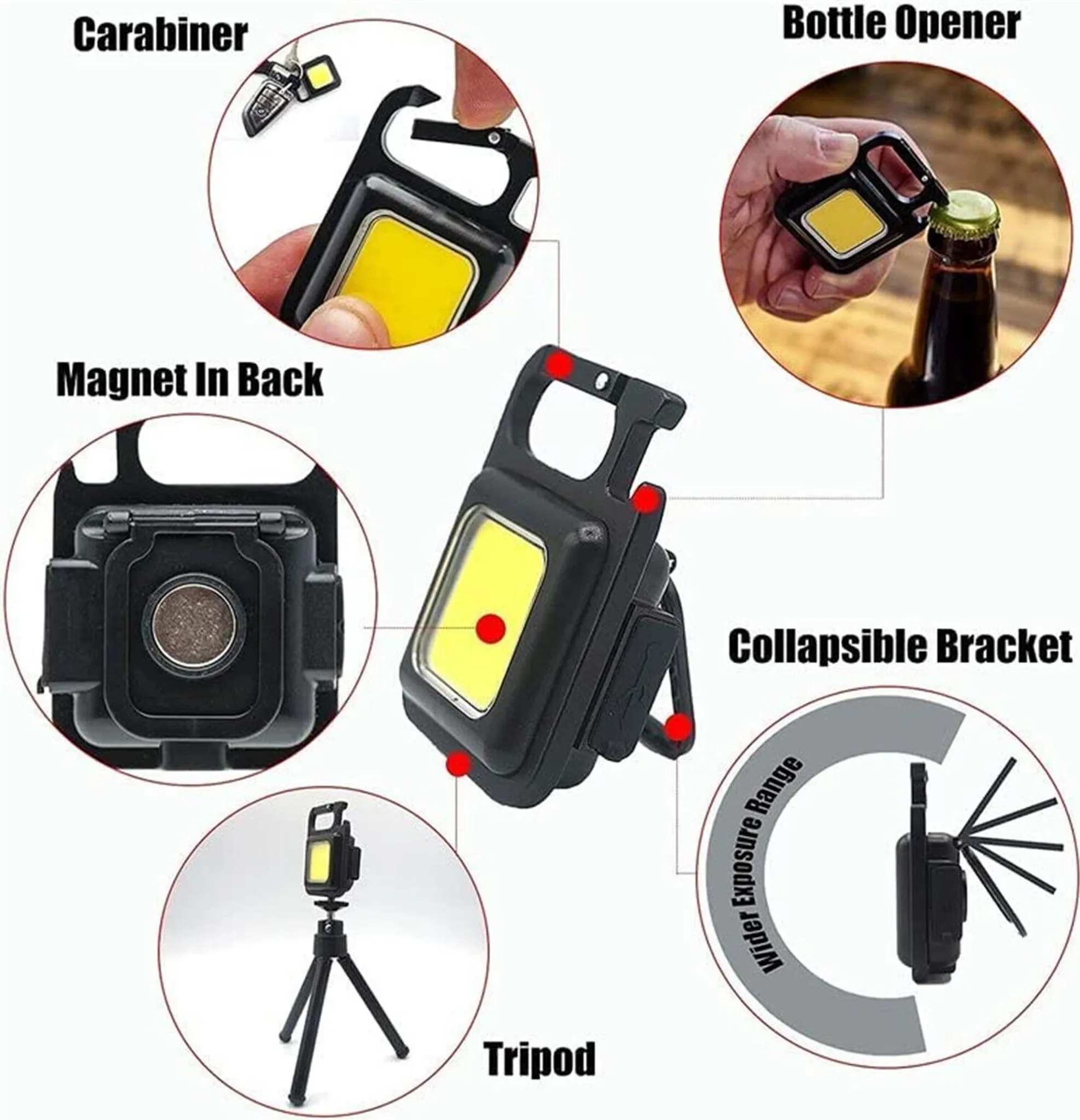 Kompakte Lampe mit Karabiner, Flaschenöffner und Magnet. Mit ausklappbarem Ständer.
