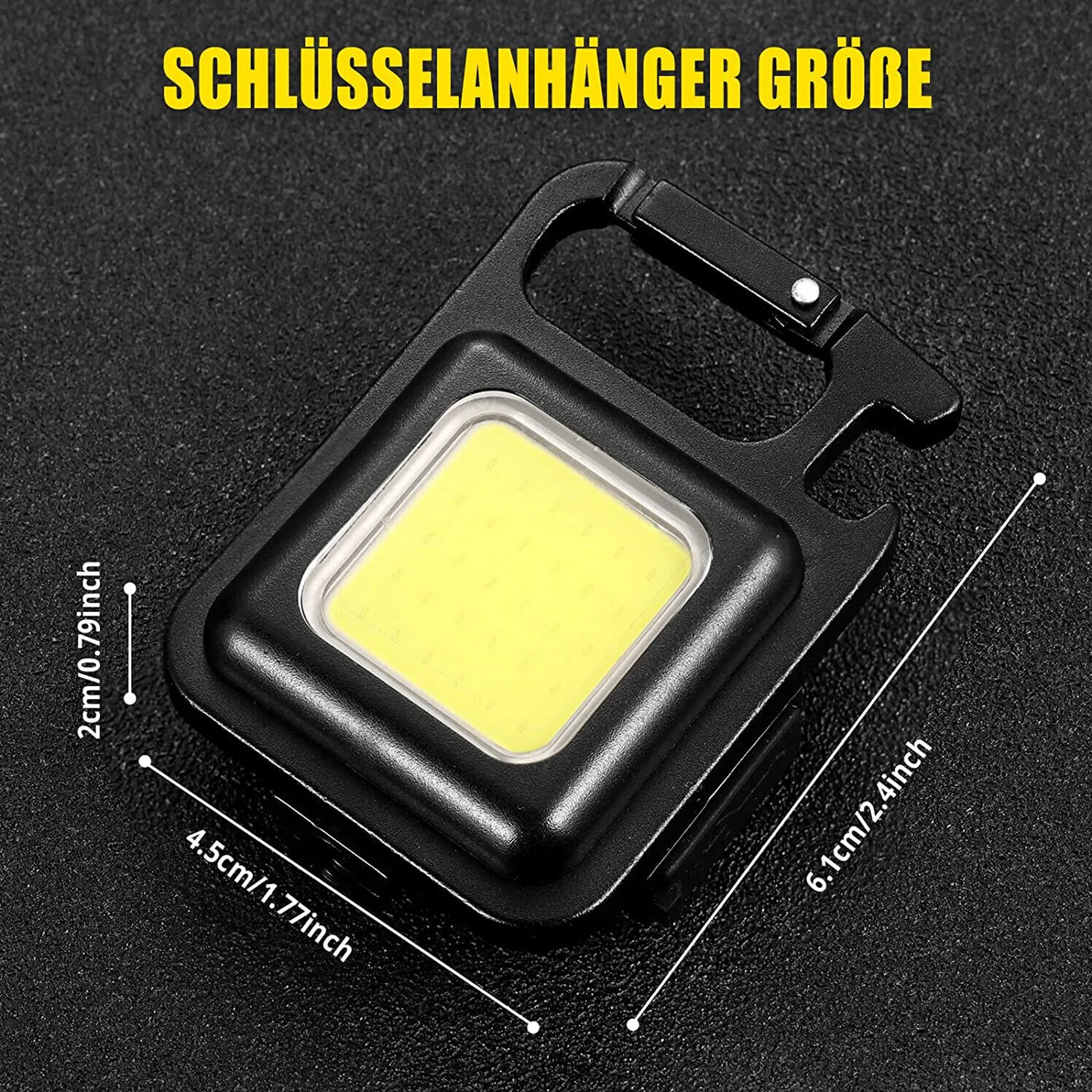 Schwarzer Schlüsselanhänger mit LED-Licht und Maßen.