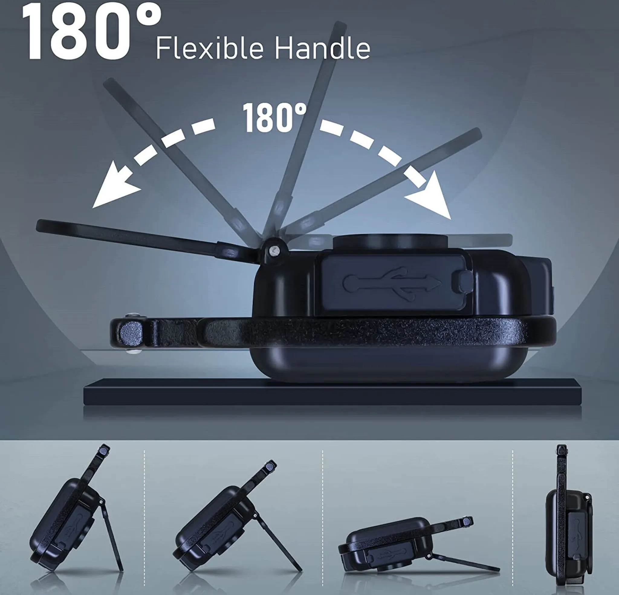 Ein schwarzer USB-Adapter mit einem schwenkbaren Griff, der sich um 180° dreht.