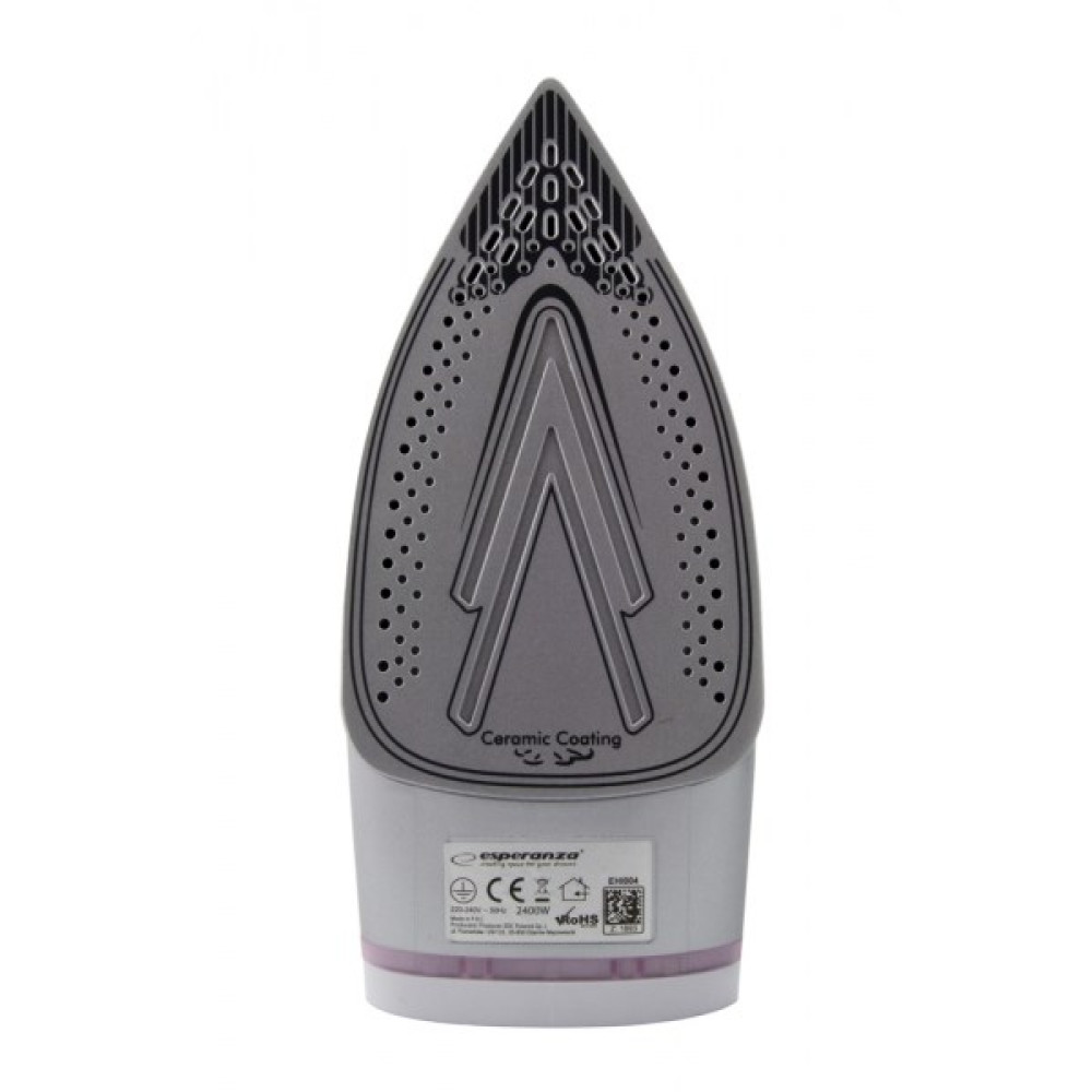 Spód żelazka w kolorze szarym z powłoką ceramiczną i otworami parowymi. Srebrna podstawa.