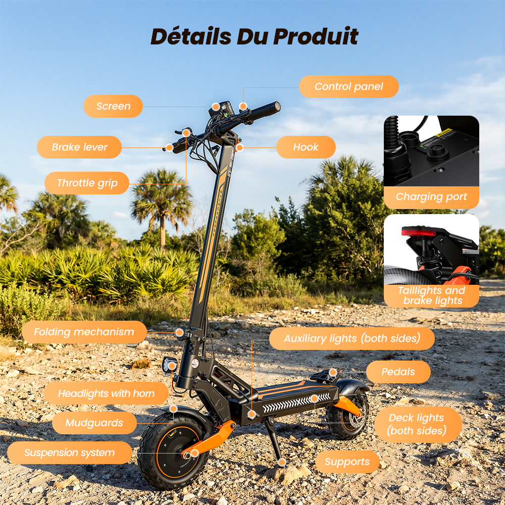 Uno scooter elettrico con etichette dettagliate del prodotto, all'aperto con alberi.