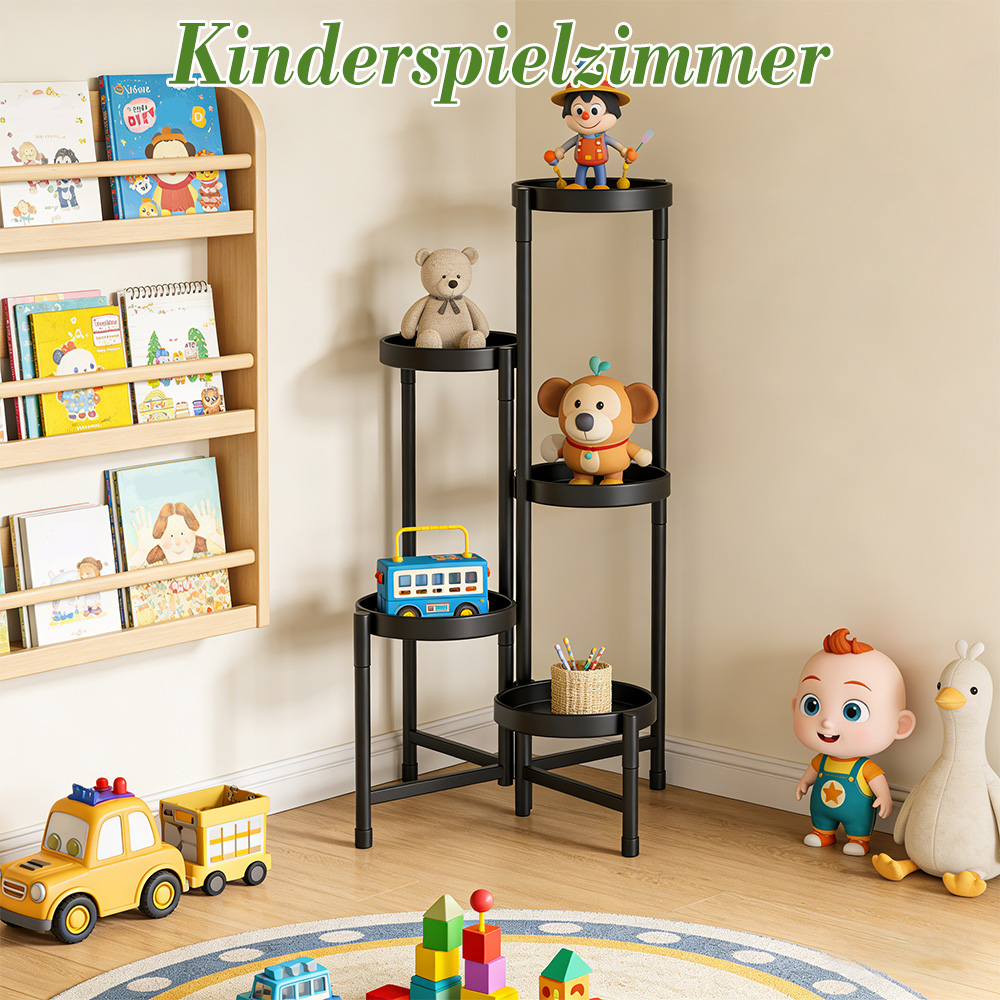 Kinderzimmer mit Bücherregal, Spielzeug und Stofftieren.