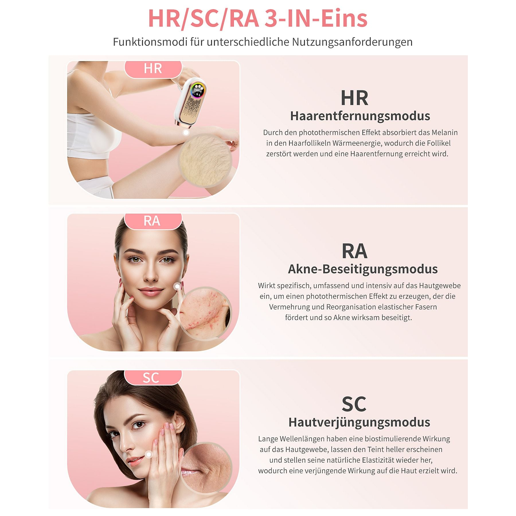 Drei Modi: Haarentfernung, Aknebekämpfung, Hautverjüngung mit Gerät.