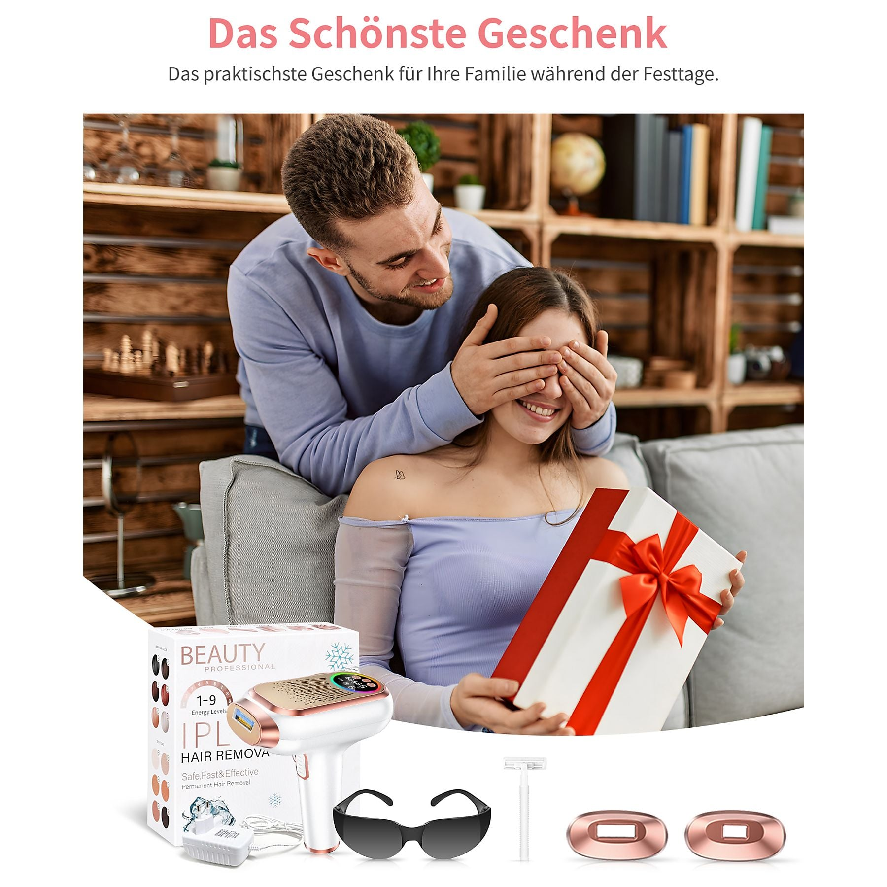 Mann bedeckt Augen einer Frau, die ein Geschenk hält. IPL-Haarentferner daneben.