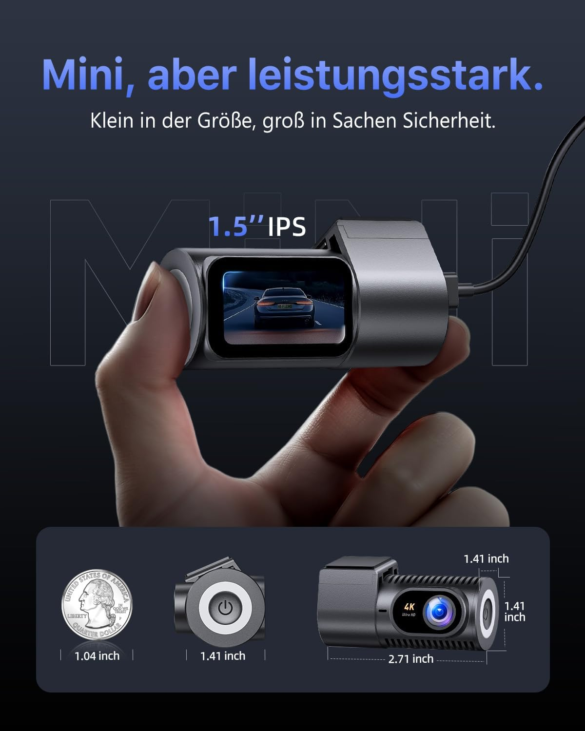 Kompakte Autokamera mit 1,5-Zoll-IPS-Display und 4K-Auflösung.
