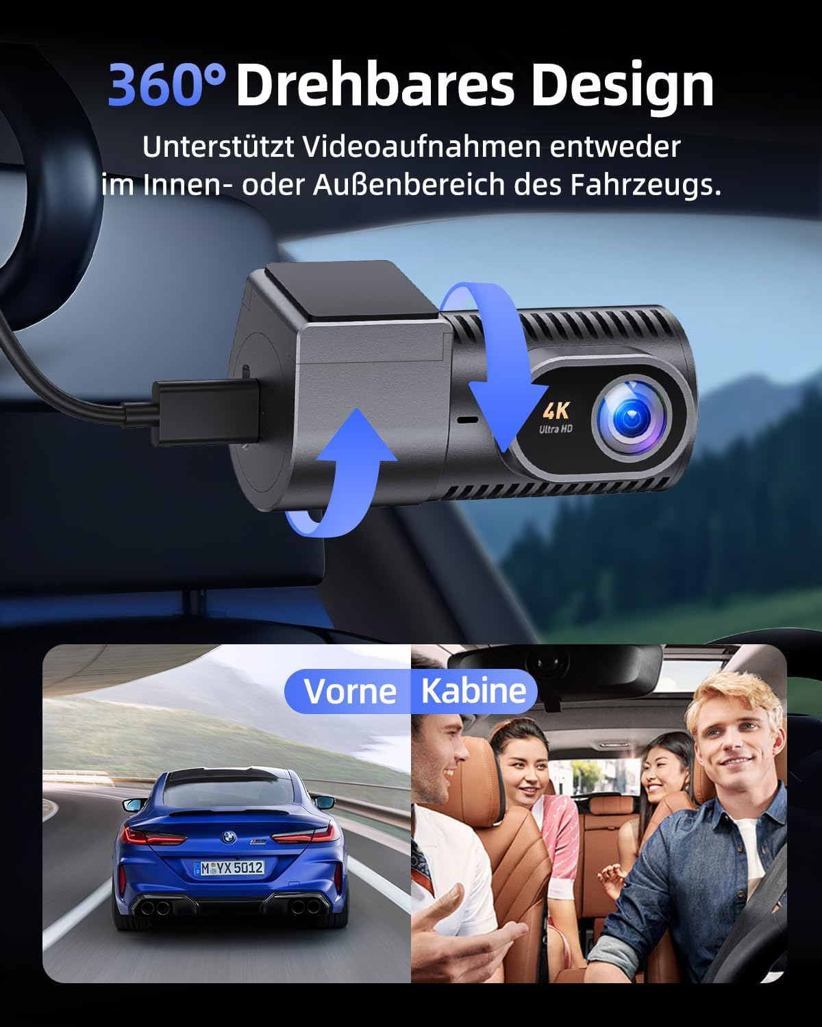 360° drehbare Autokamera filmt innen/außen. Blaue Pfeile zeigen Drehung.
