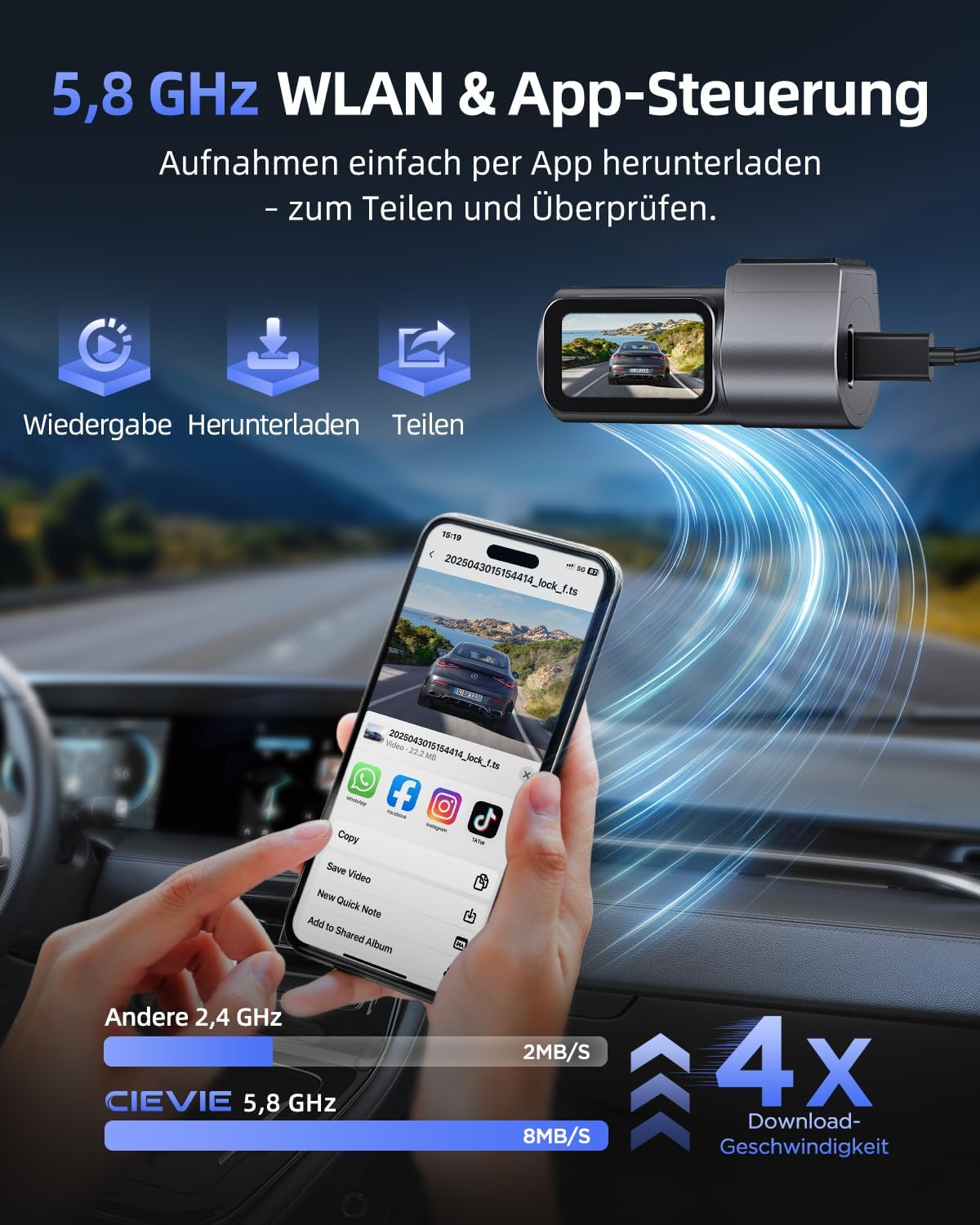 Ein Smartphone zeigt eine Dashcam-App mit Video-Upload-Optionen. Daneben eine Dashcam.