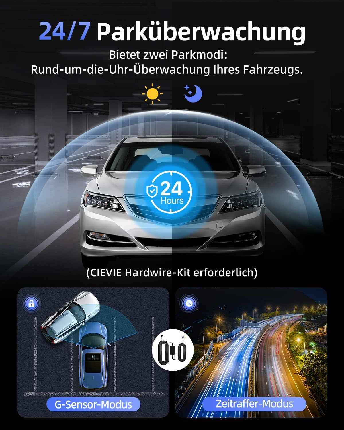 Ein Auto in einer Parkgarage wird 24/7 überwacht. Zwei Modi: G-Sensor und Zeitraffer.