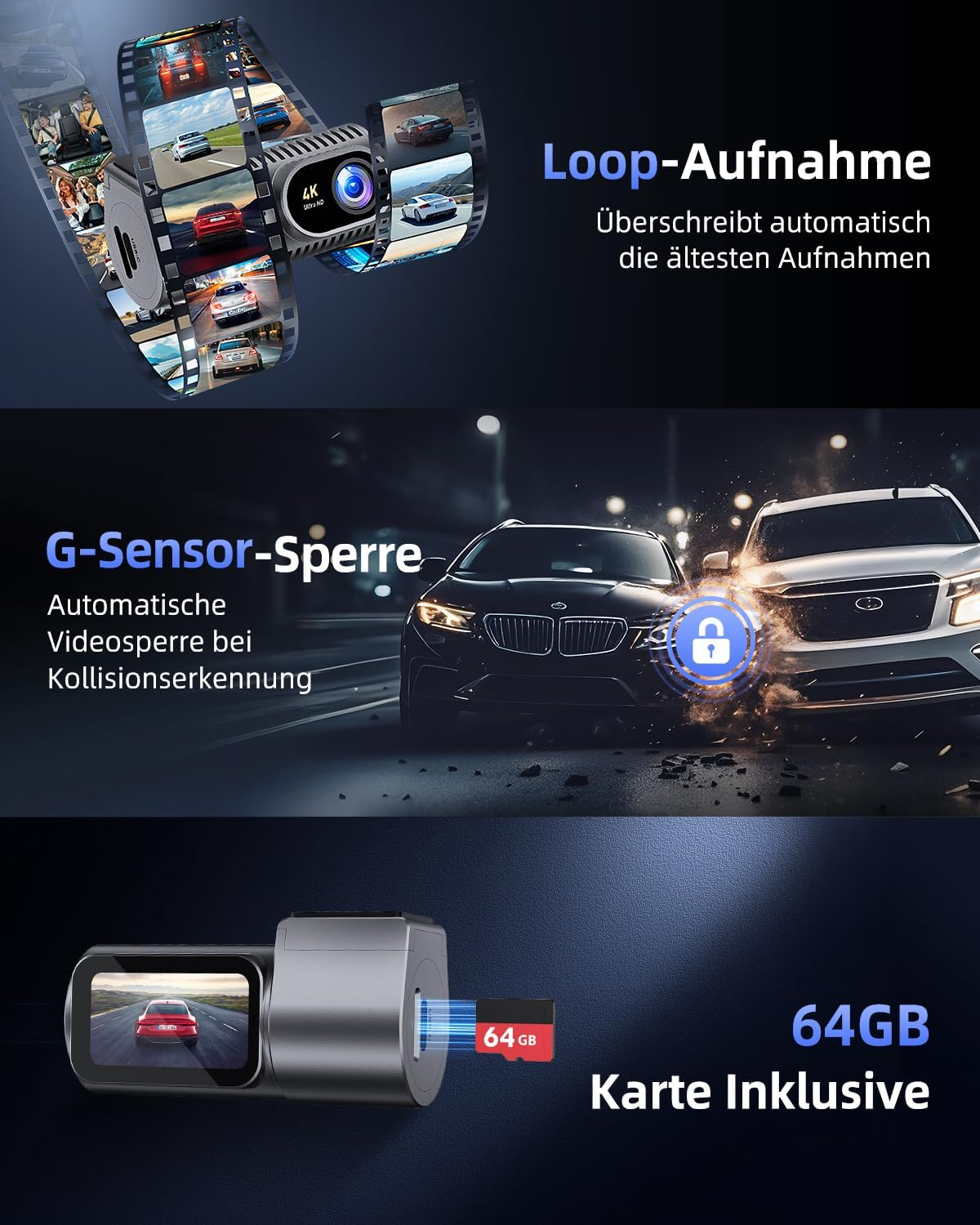 Autokamera mit Loop-Aufnahme, G-Sensor und 64GB Karte.