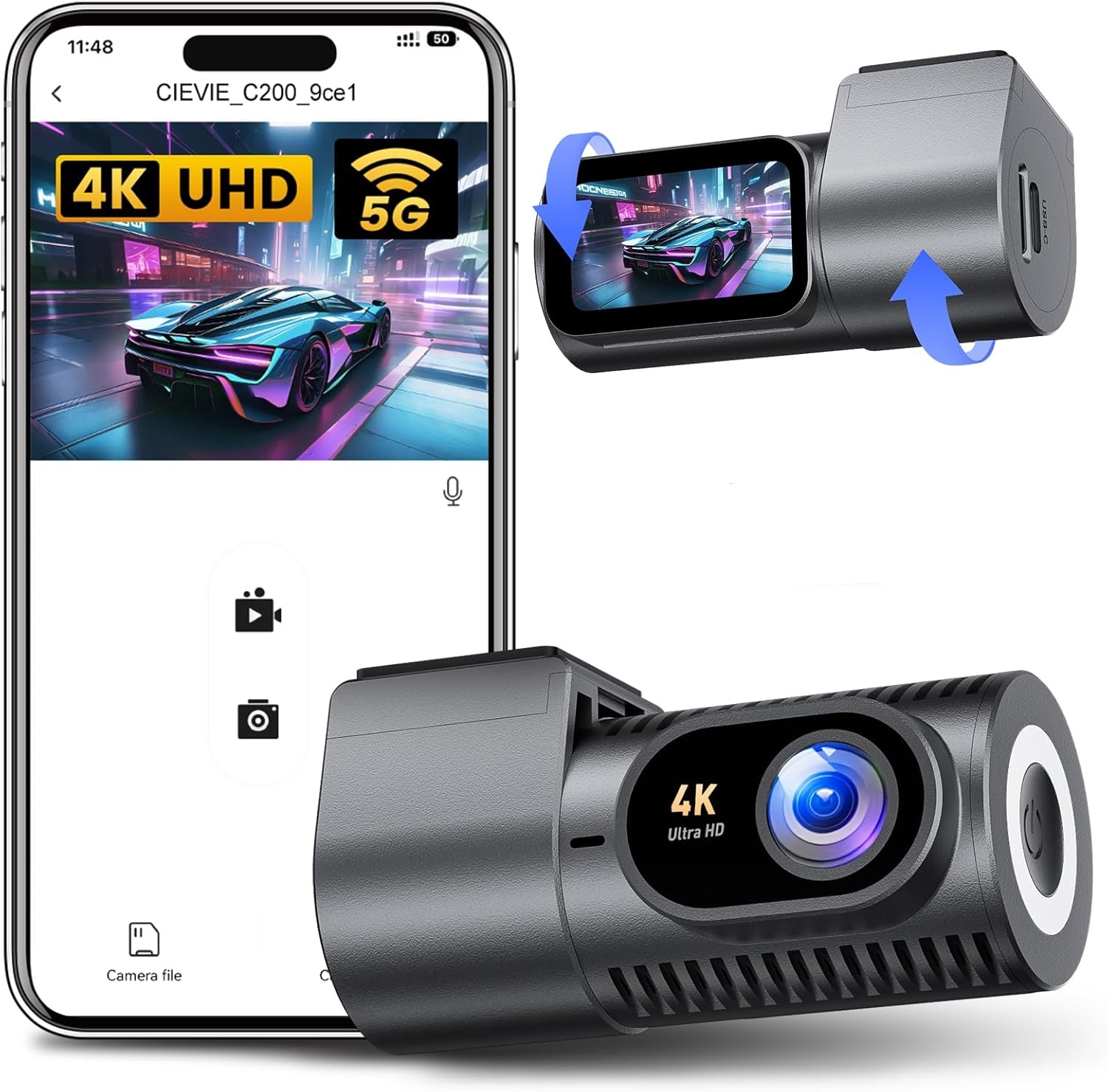 Ein Smartphone zeigt eine 4K-Aufnahme eines Autos. Eine Dashcam ist daneben zu sehen.