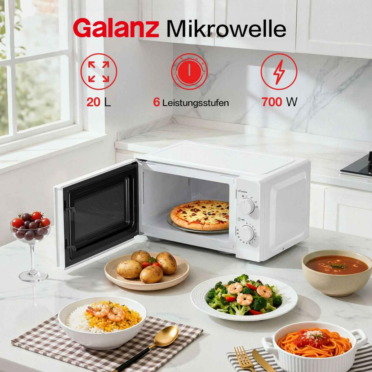 Eine weiße Mikrowelle mit Pizzaküchen-Szene und verschiedenen Speisen.