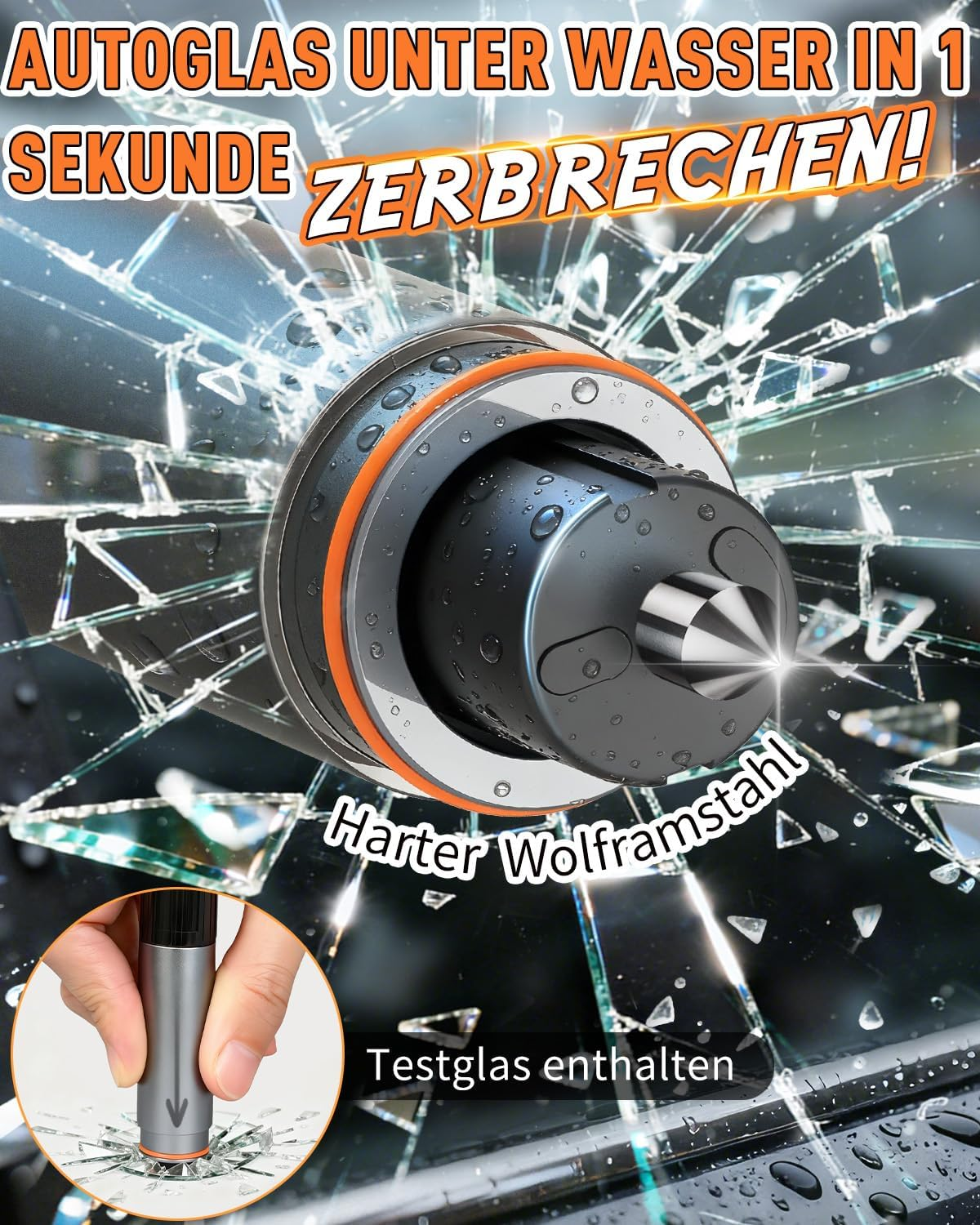 Notfallhammer mit Wolframstahlspitze zerbricht Glas. Wasser und Glasscherben.