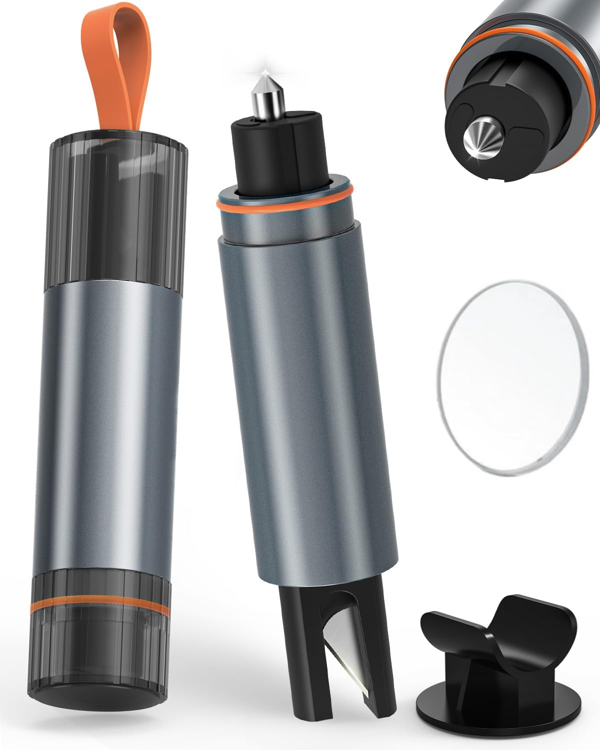 Grauer Flaschenöffner mit orangefarbenem Ring und Tragegriff.