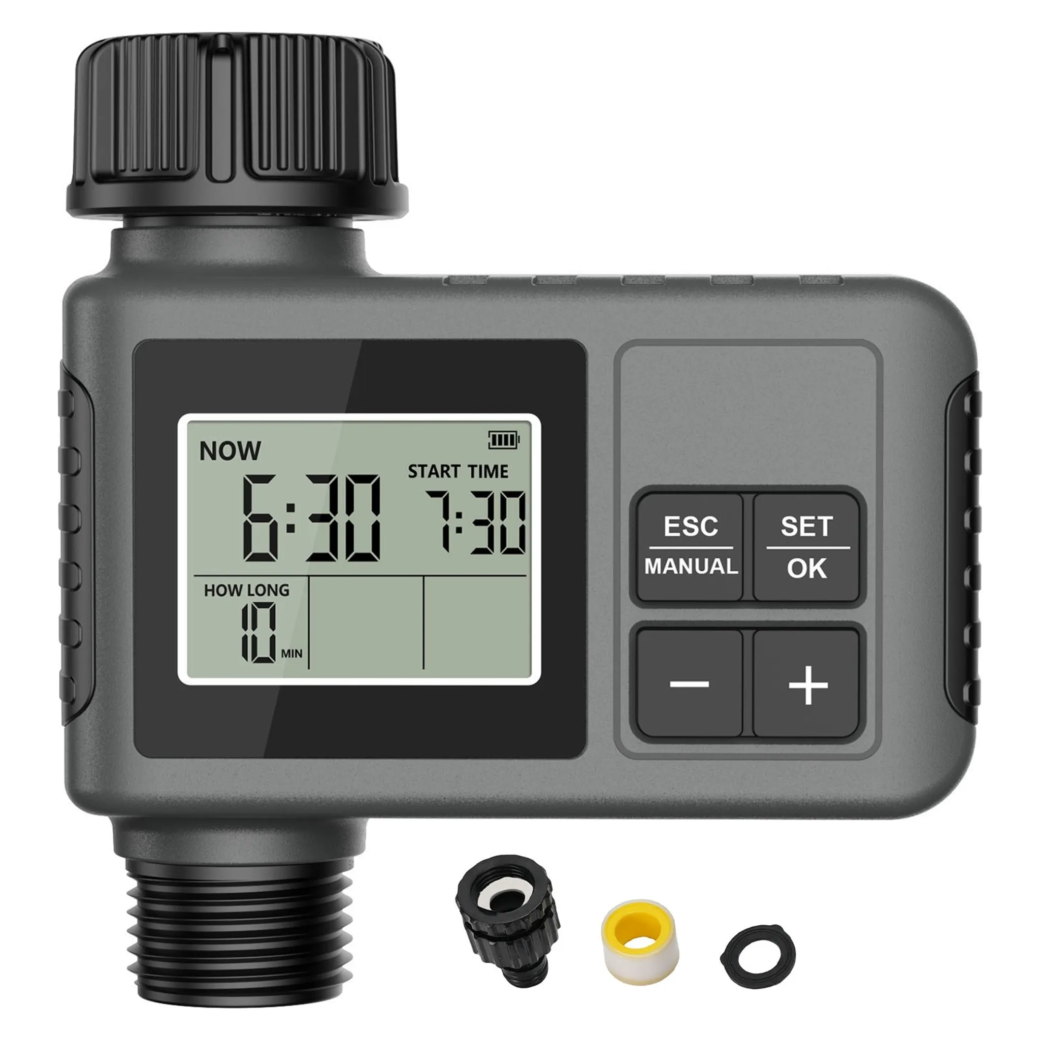 Grauer Gartenschlauch-Timer mit LCD-Anzeige und Tasten. Zubehörteile liegen daneben.