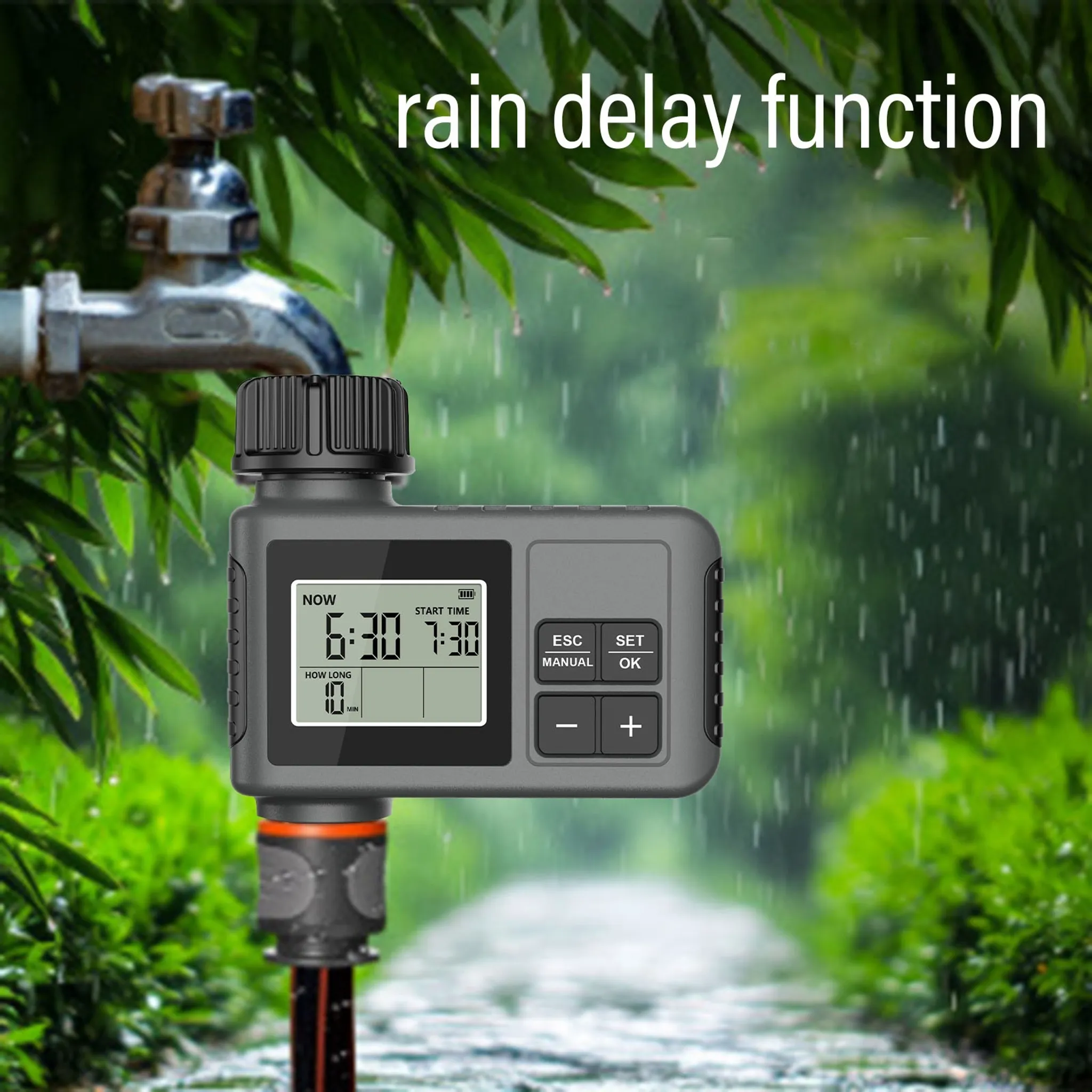 Digitaler Wasserzeitschaltuhr mit Display, Tasten und Wasserhahnanschluss im Regen.