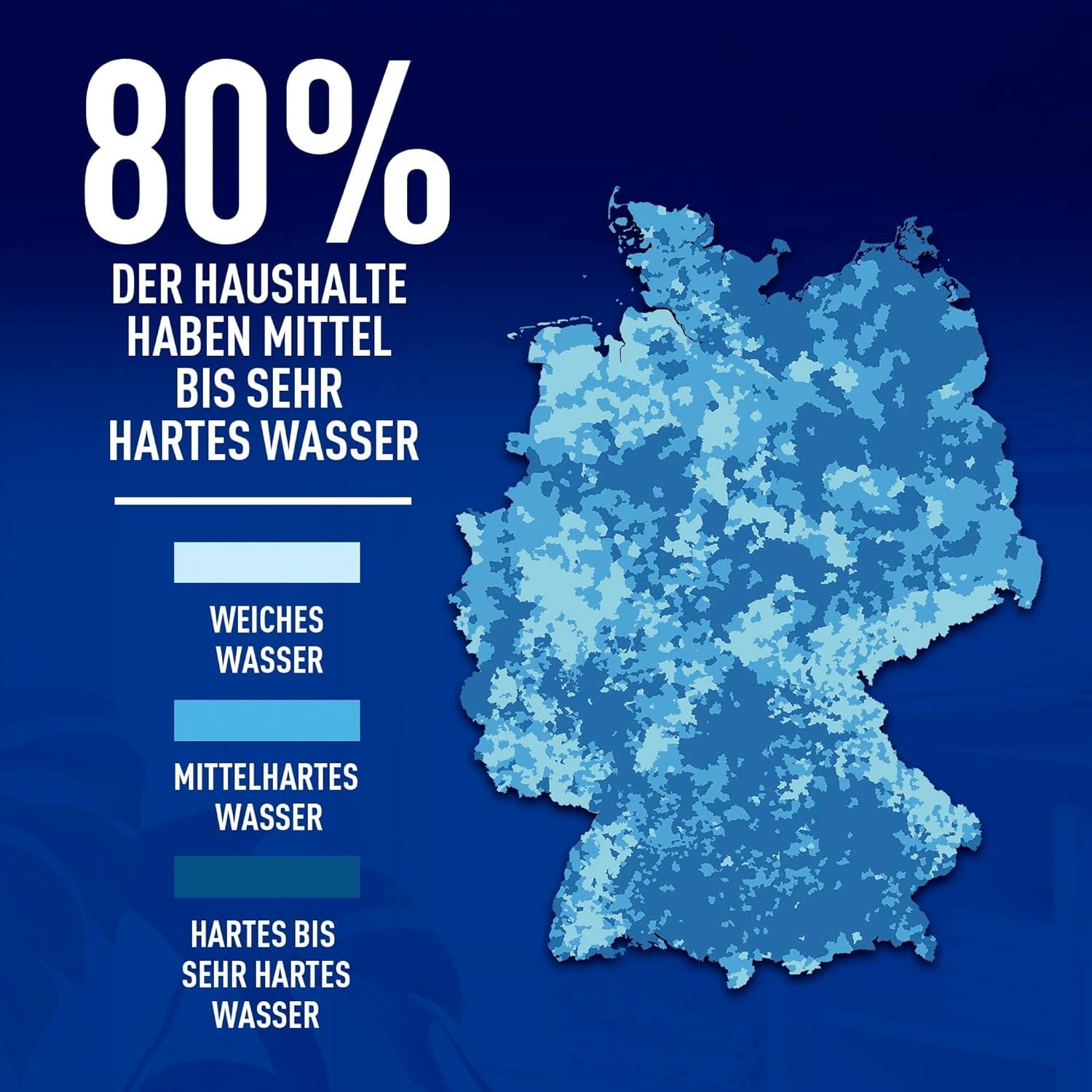 80% der Haushalte haben mittel bis sehr hartes Wasser. Karte von Deutschland mit Wasserhärte-Legende.