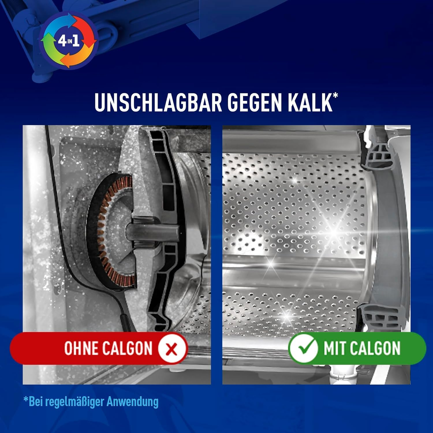 Vergleich von Waschmaschinenteilen: links mit Kalk, rechts sauber mit Calgon.