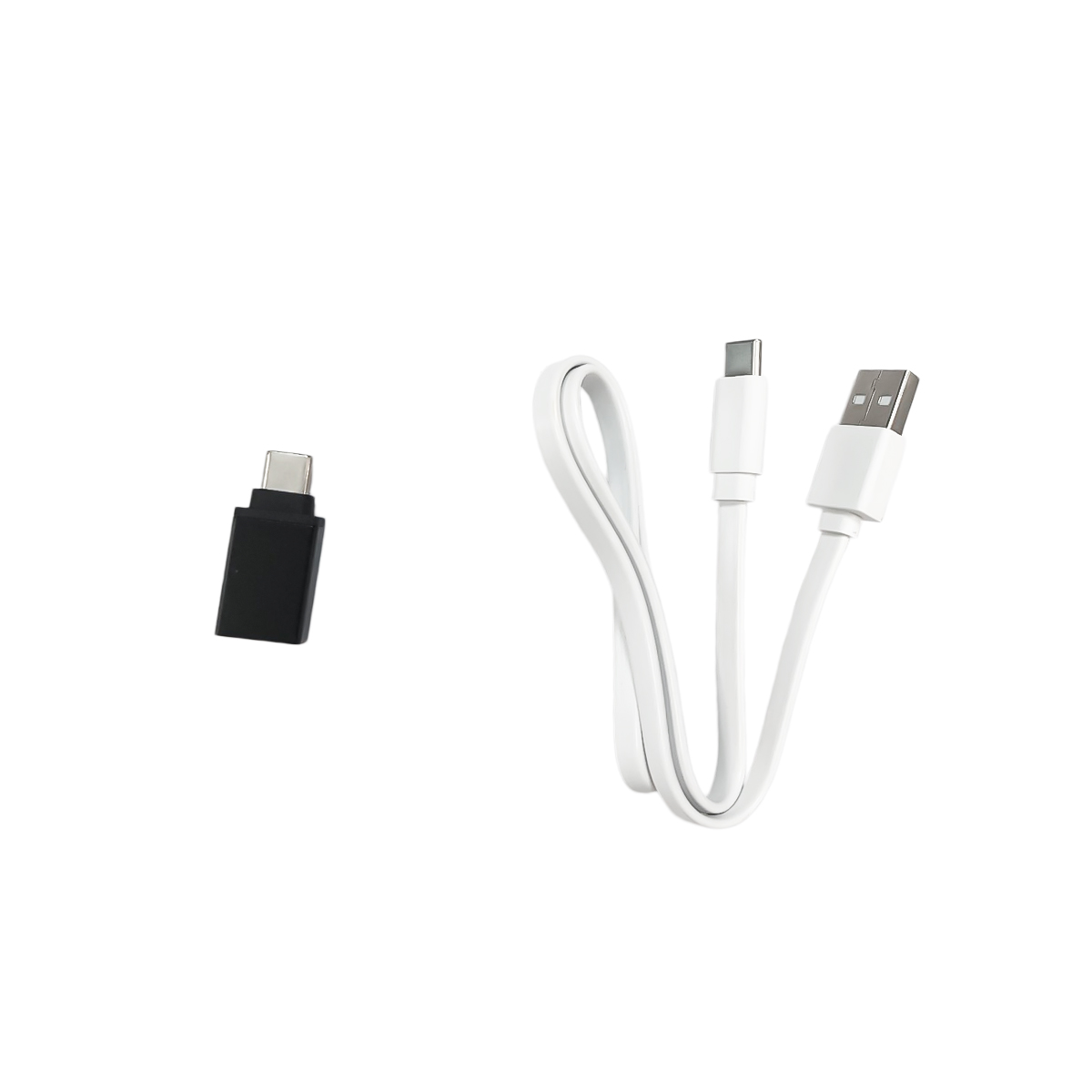 Ein schwarzer USB-C-Adapter und ein weißes USB-C-zu-USB-A-Kabel liegen nebeneinander.