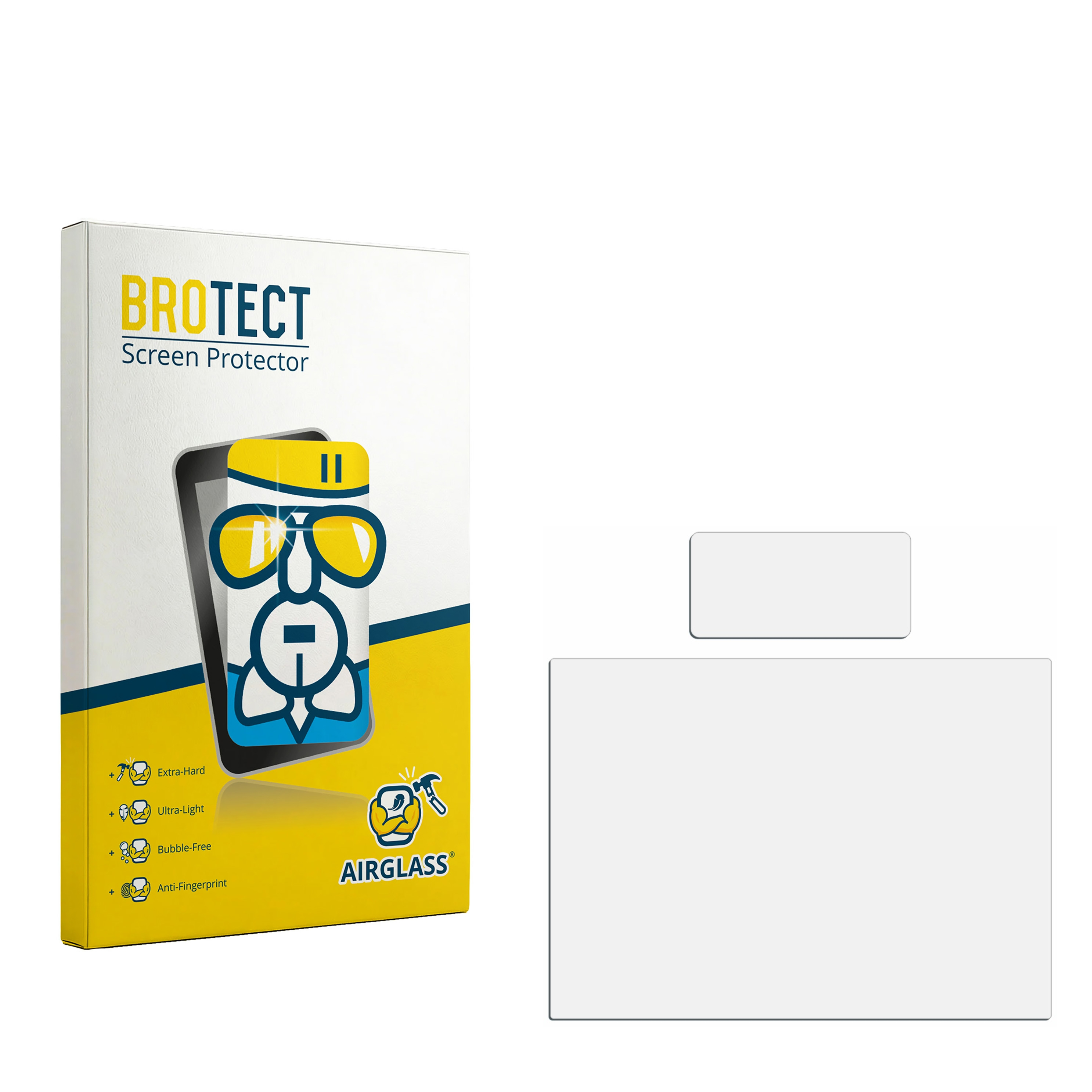 BROTECT Displayschutz-Verpackung mit zwei Schutzfolien und Icons für Härte und Blasenfreiheit.