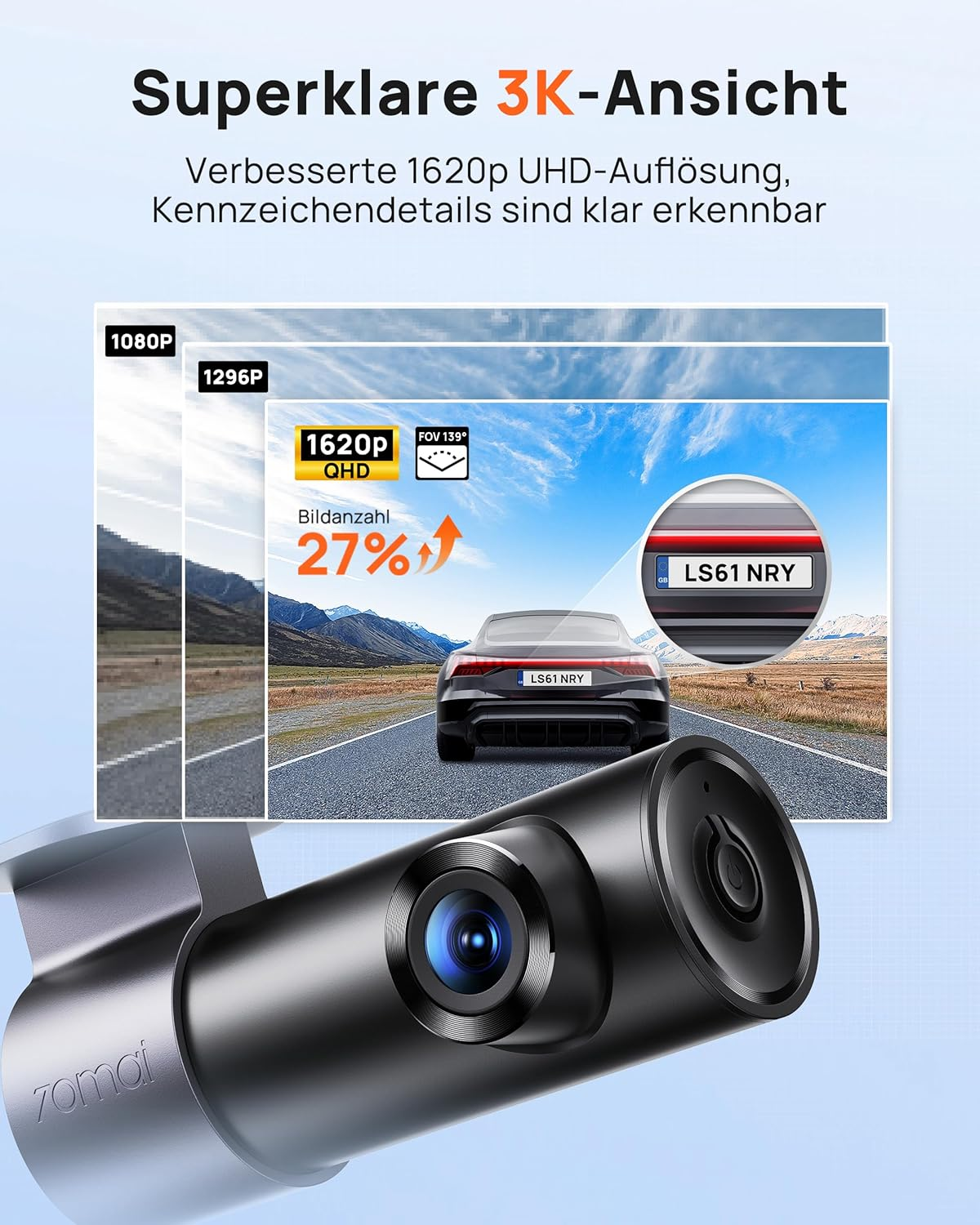 Dashcam mit 1620p QHD-Auflösung zeigt Auto auf Straße. "Superklare 3K-Ansicht".