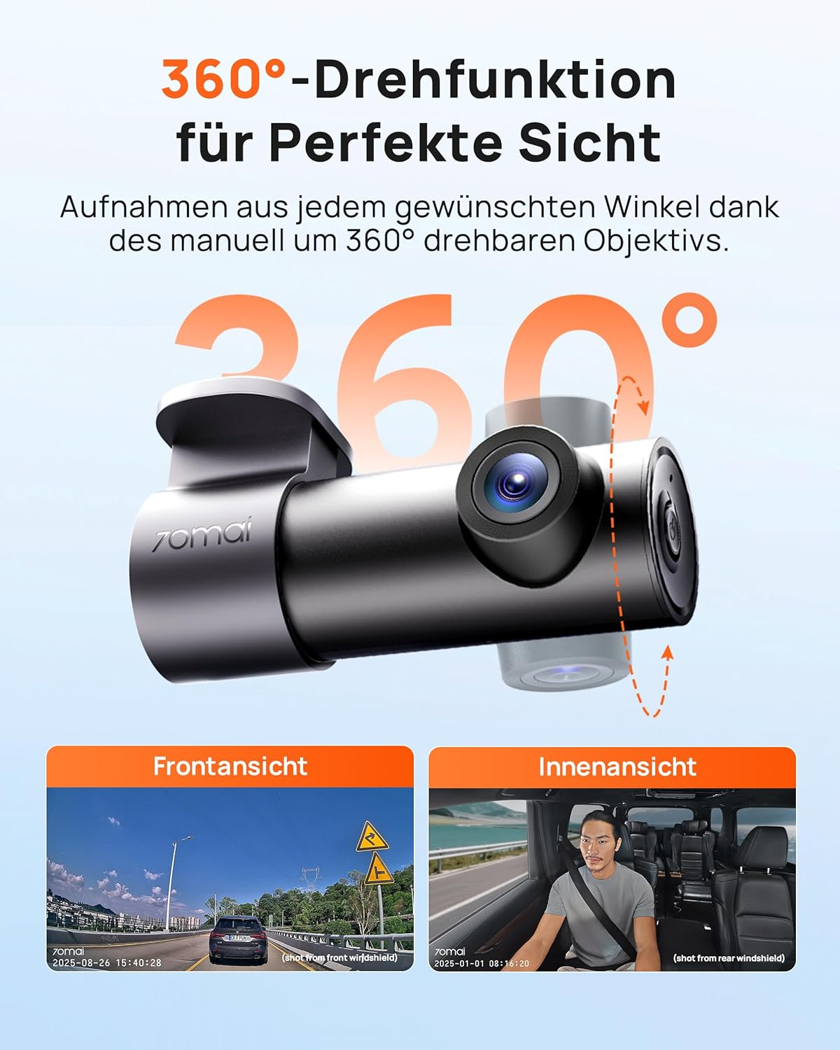 360° drehbare Autokamera mit Front- und Innenansicht.