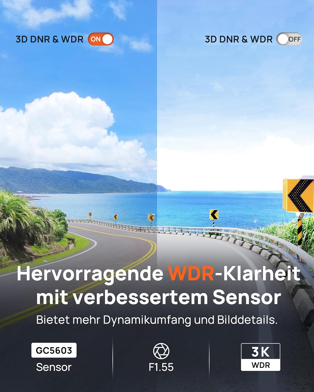 Straße am Meer mit Bergen im Hintergrund. 3D DNR & WDR AN/AUS.