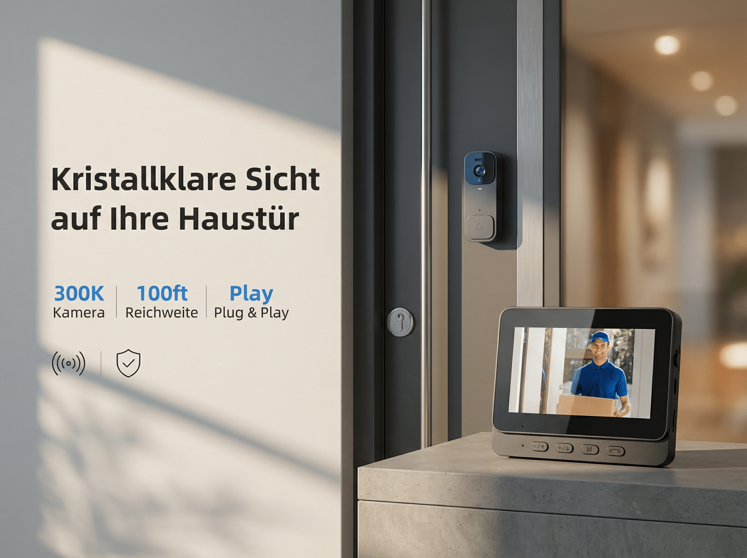 Türklingelkamera mit Bildschirm zeigt Lieferanten mit Paket.