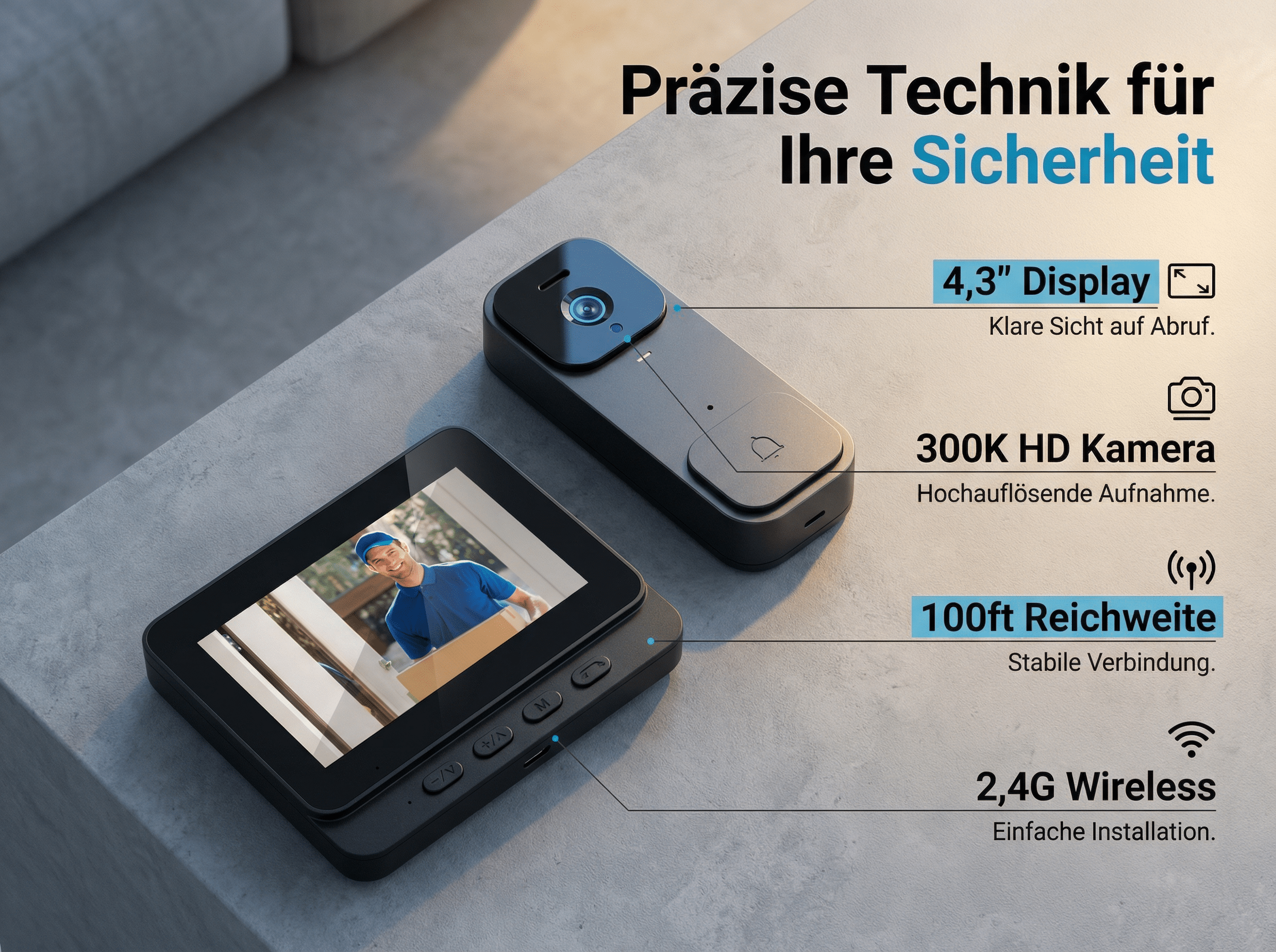 Ein Türspion mit 4,3-Zoll-Display, 300K HD Kamera, 100 Fuß Reichweite und 2,4G Wireless.