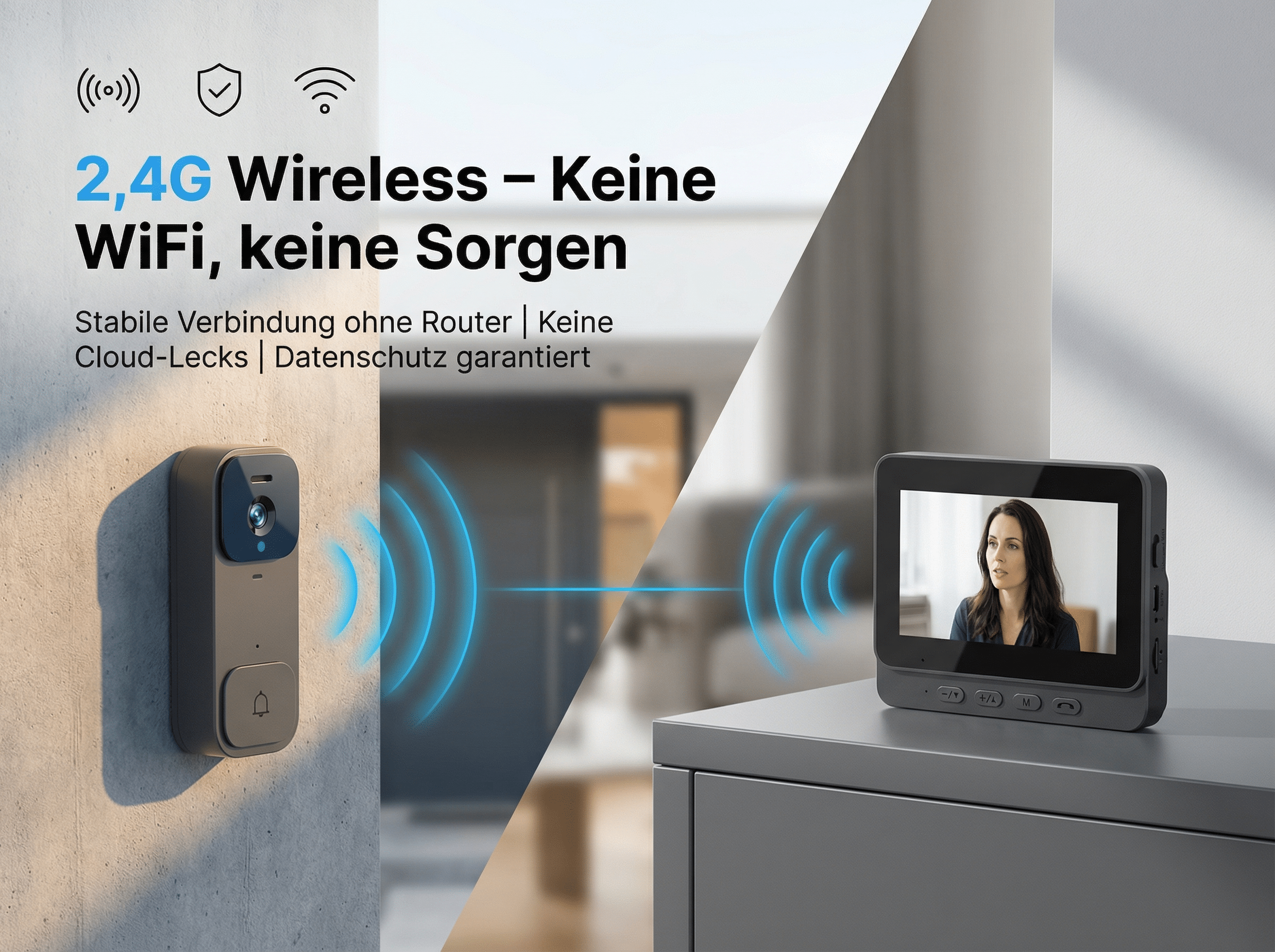 Eine kabellose Türklingel an einer Wand und ein Monitor mit einer Frau. Text hebt 2,4G Wireless hervor.