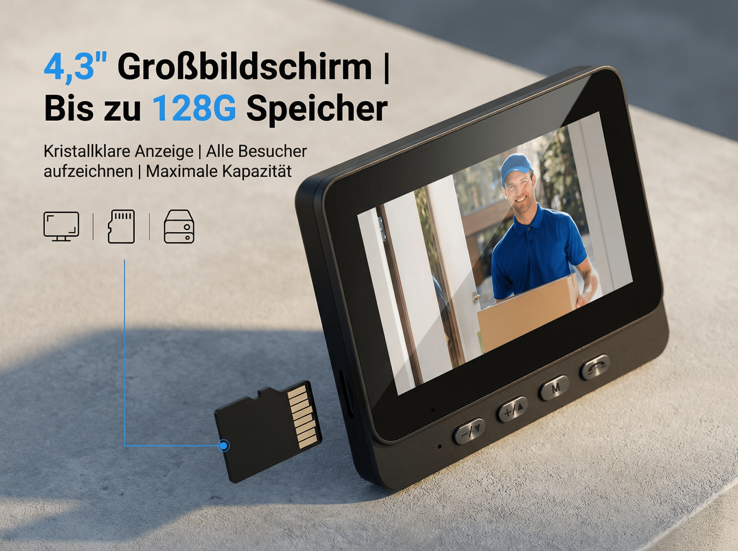 Ein Mann in blauer Uniform mit Paket vor Tür, auf einem 4,3-Zoll-Bildschirm.