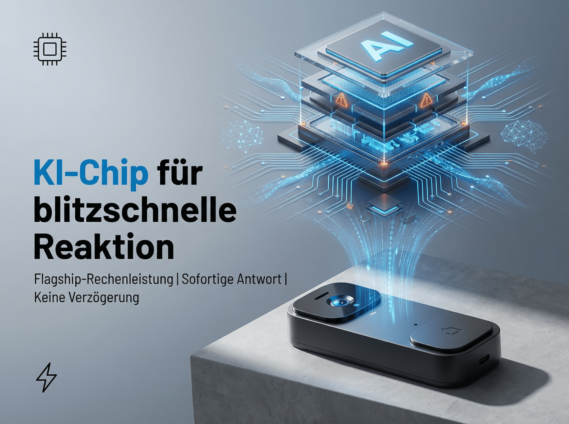 KI-Chip auf einem Podest, verbunden mit einem KI-Prozessor über blaue Leitungen.