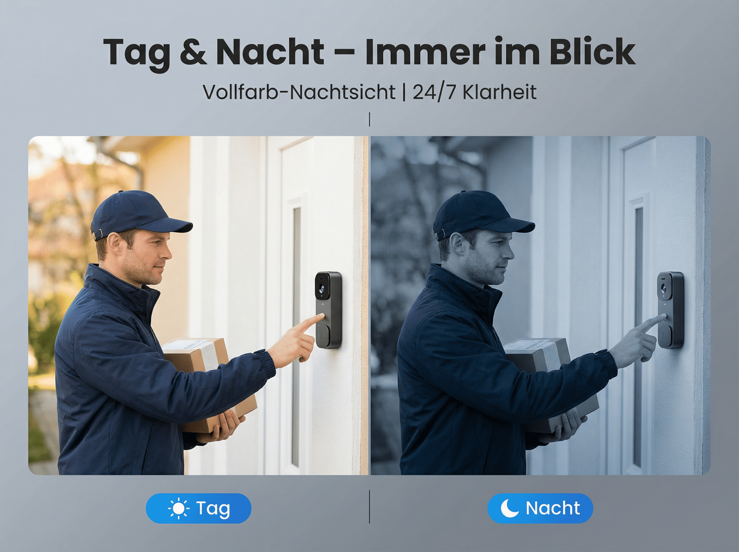Kurier drückt Türklingel, tagsüber und nachts.